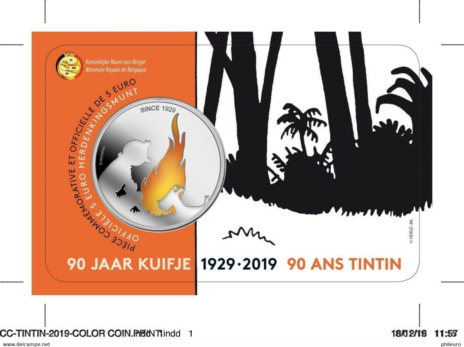 Belgique 2019 : 5€ Commémorative '90 Ans De Tintin' (en Couleur Et En Coincard) - DISPONIBLE EN FRANCE - Belgien