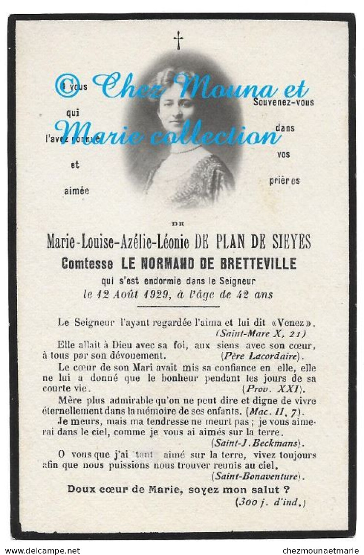 COMTESSE LE NORMAND DE FRETTEVILLE MARIE LOUISE DE PLAN DE SIEYES AVIS DE DECES - Esquela