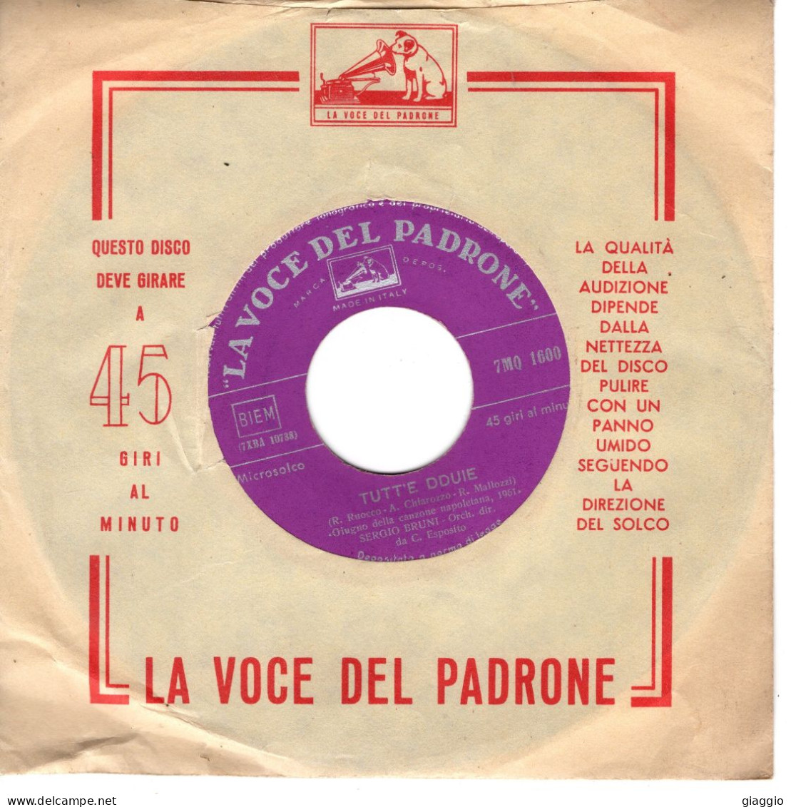 °°° 614) 45 GIRI - LA VOCE DEL PADRONE - SERGIO BRUNI - TUTT'E DDUIE / SI ME LASSE °°° - Other - Italian Music