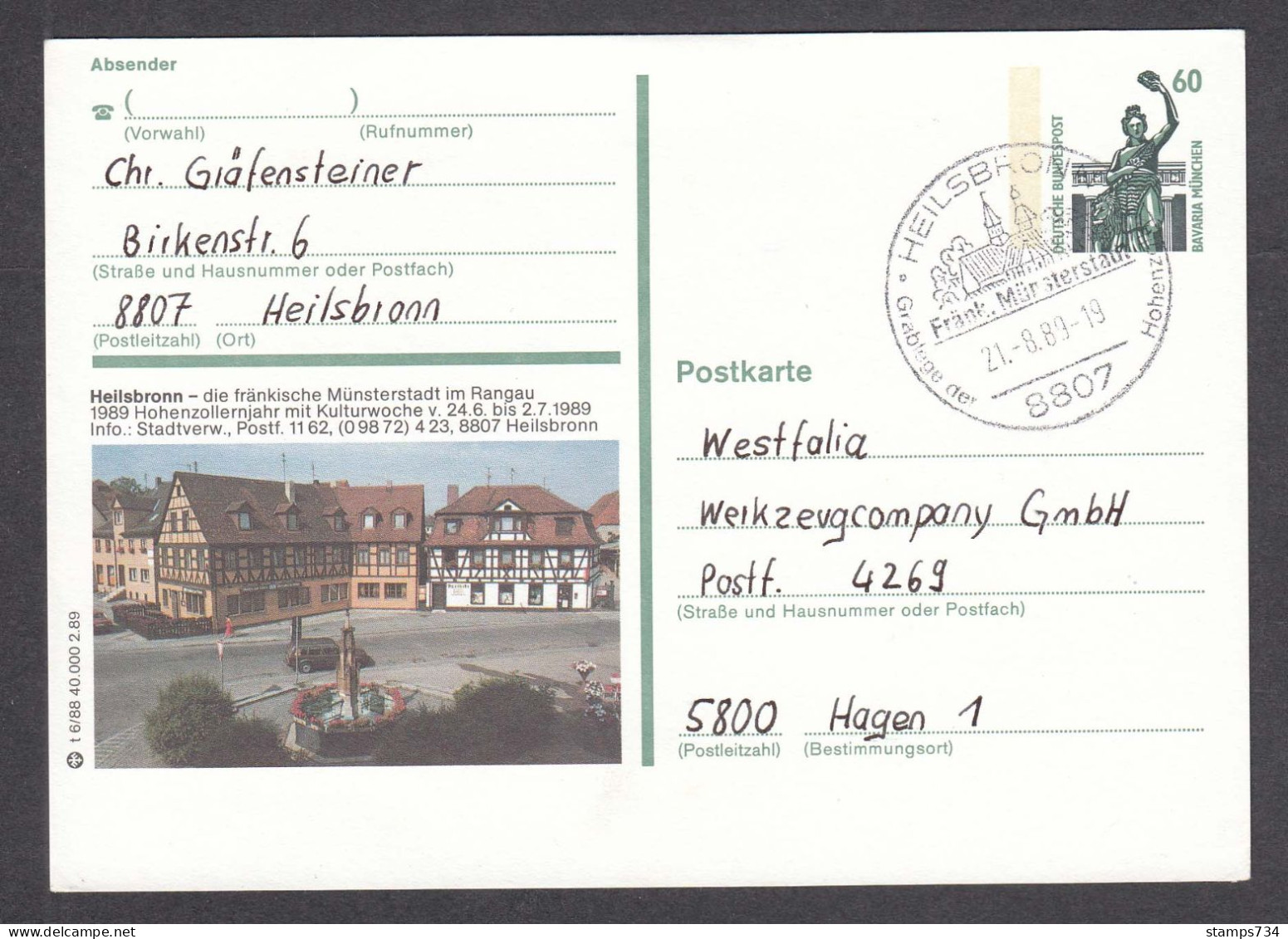 BRD 20/1989 - 60 Pf., View Of City Heilsbronn, Post. Stationery (card) With Spec. Cancelation,  Travel - Cartoline - Usati