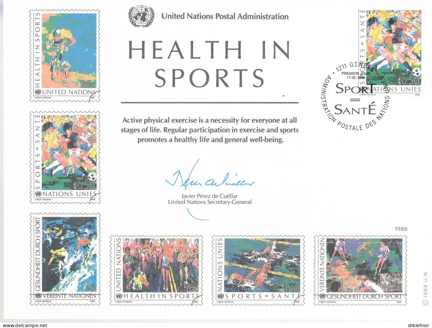 UNO NEW YORK  Erinnerungskarte 34, G-FDC, Gesundheit Durch Sport, 1988 - Briefe U. Dokumente