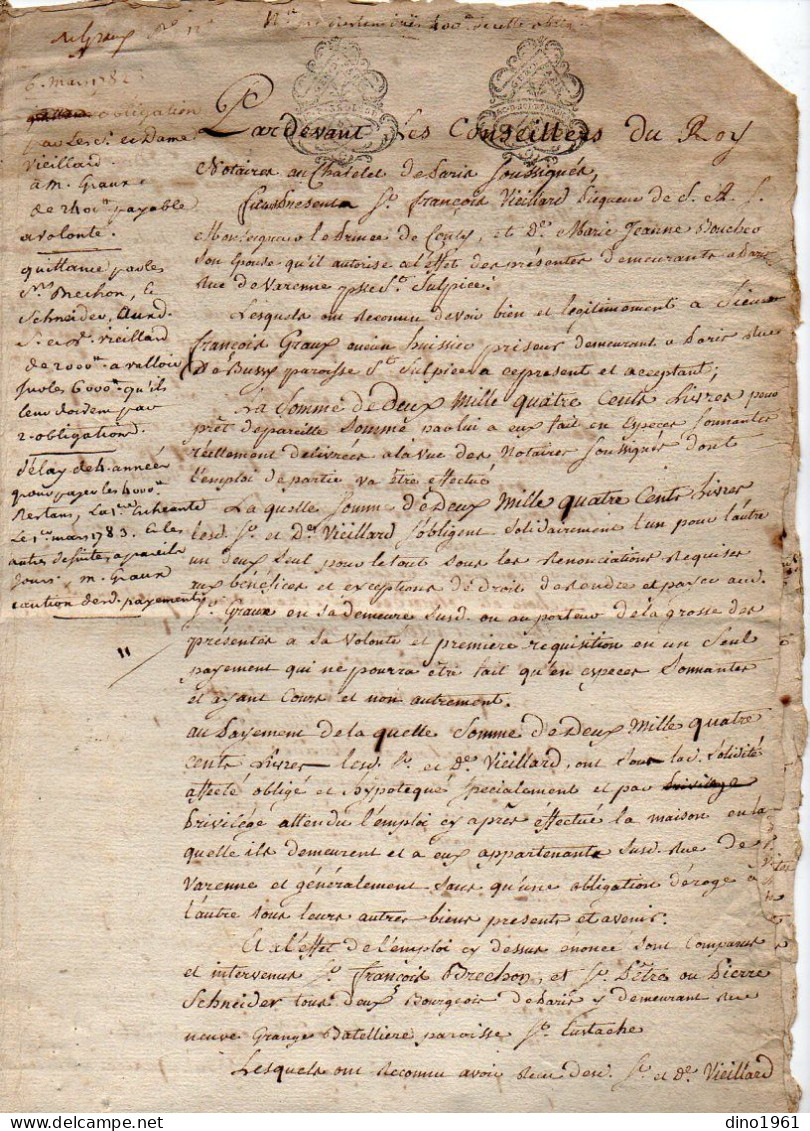 VP22.989 - Généralité De PARIS - Acte De 1782 - Obligation - M. VIEILLARD, Ecuyer, Page De S. A . Mgr Le Prince De CONTI - Timbri Generalità