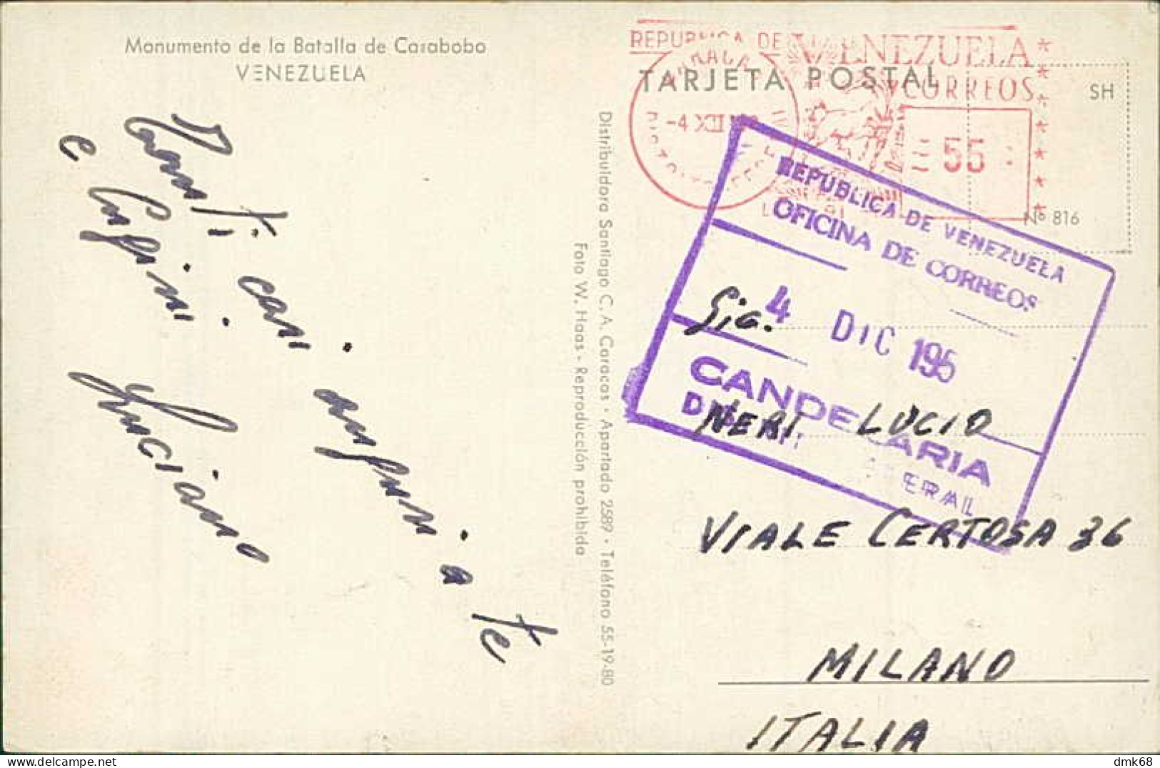 VENEZUELA -  MONUMENTO DE LA BATALLA DE CARABOBO - MAILED TO ITALY 1950s / RED POSTMARK (17809) - Venezuela