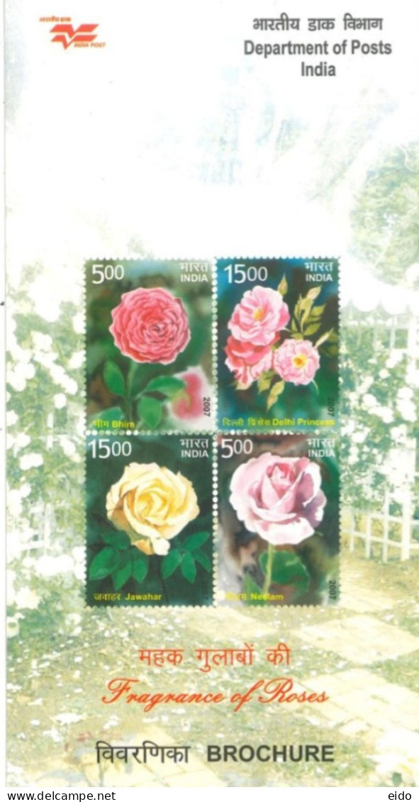 INDIA - 2007 - BROCHURE OF FRAGRANCE OF ROSES STAMPS DESCRIPTION AND TECHNICAL DATA. - Cartas & Documentos