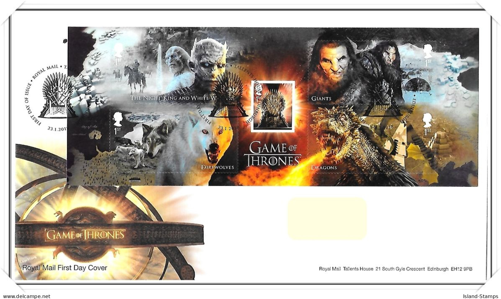 2018 GB FDC - Game Of Thrones Mini Sheet - Typed Address - 2011-2020 Dezimalausgaben