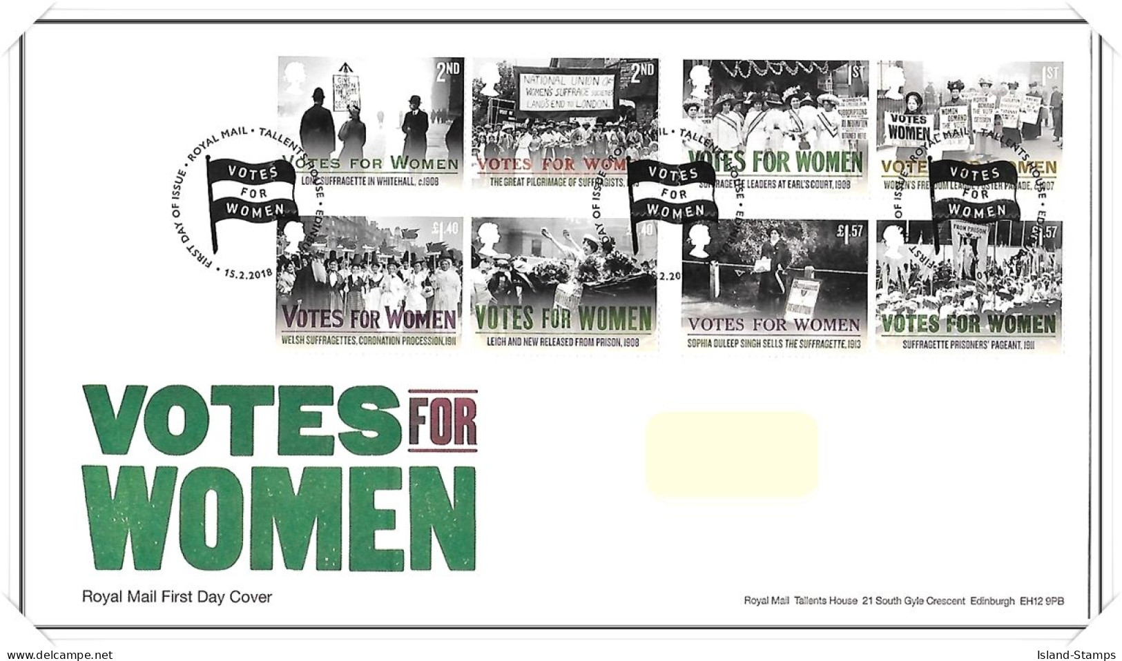 2018 GB FDC - Votes For Women - Typed Address - 2011-2020 Em. Décimales