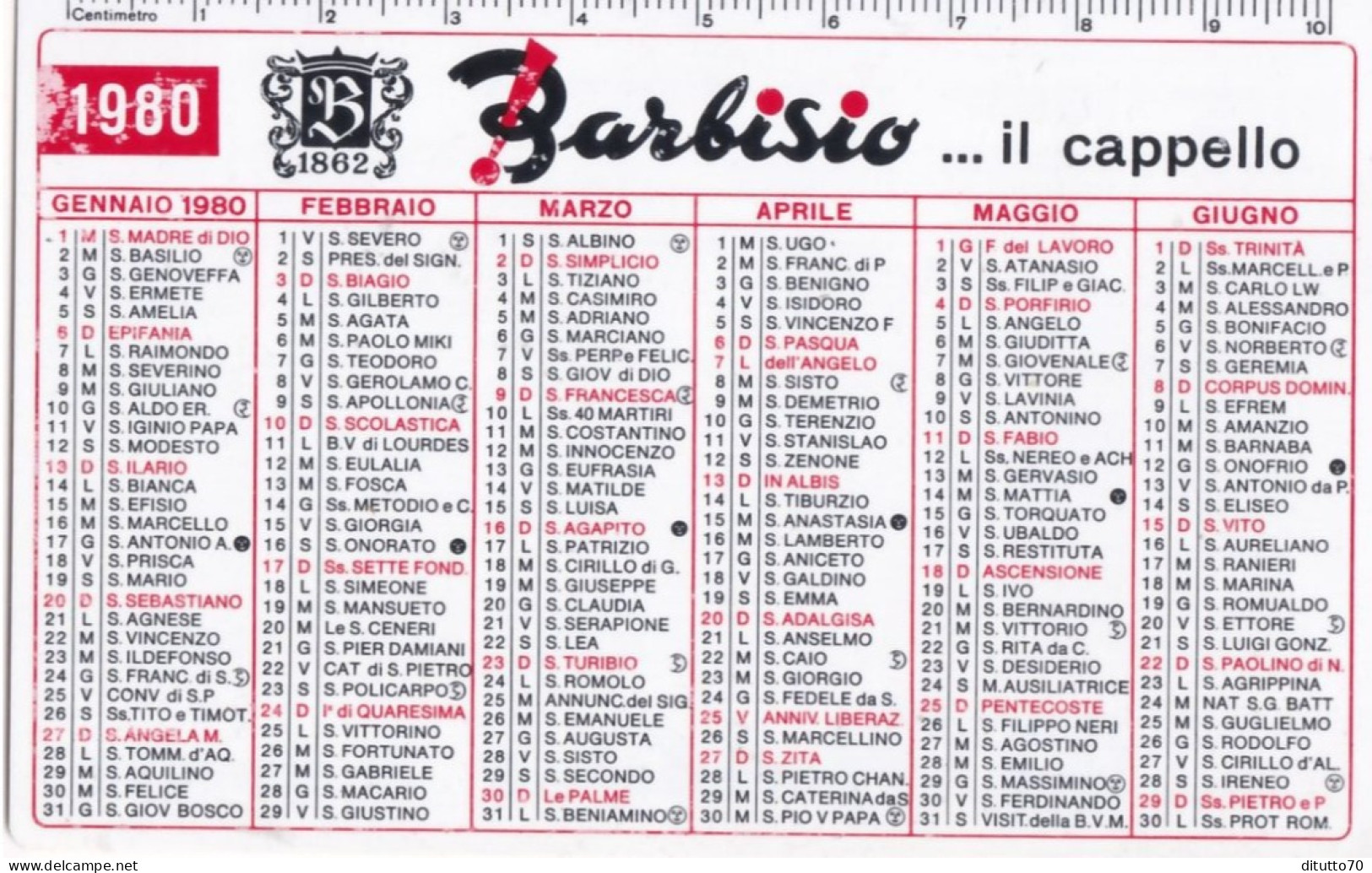 Calendarietto - Barbisio Il Cappello - Anno 1980 - Petit Format : 1971-80