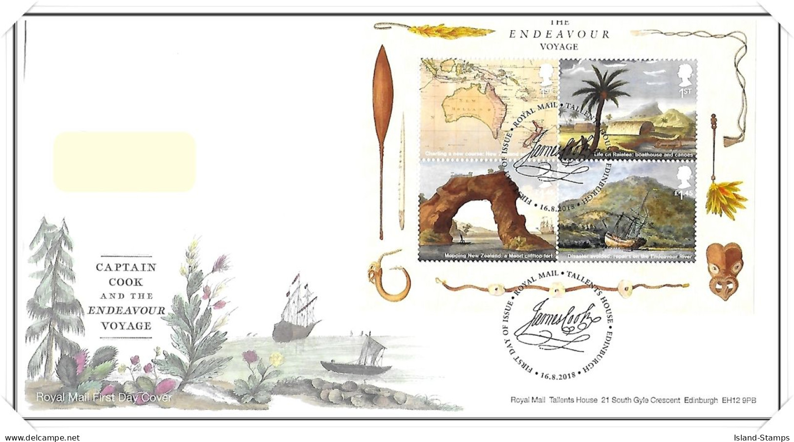 2018 GB FDC - Captain Cook & Endeavour Mini Sheet- Typed Address - 2011-2020 Dezimalausgaben