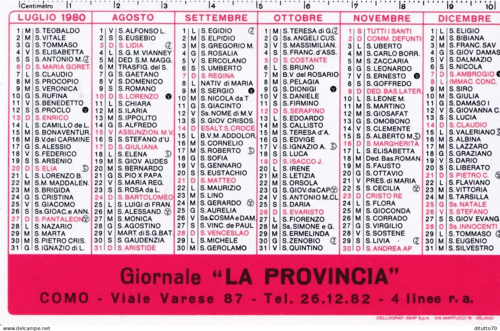 Calendarietto - Giornale La Provincia - Anno 1980 - Formato Piccolo : 1971-80