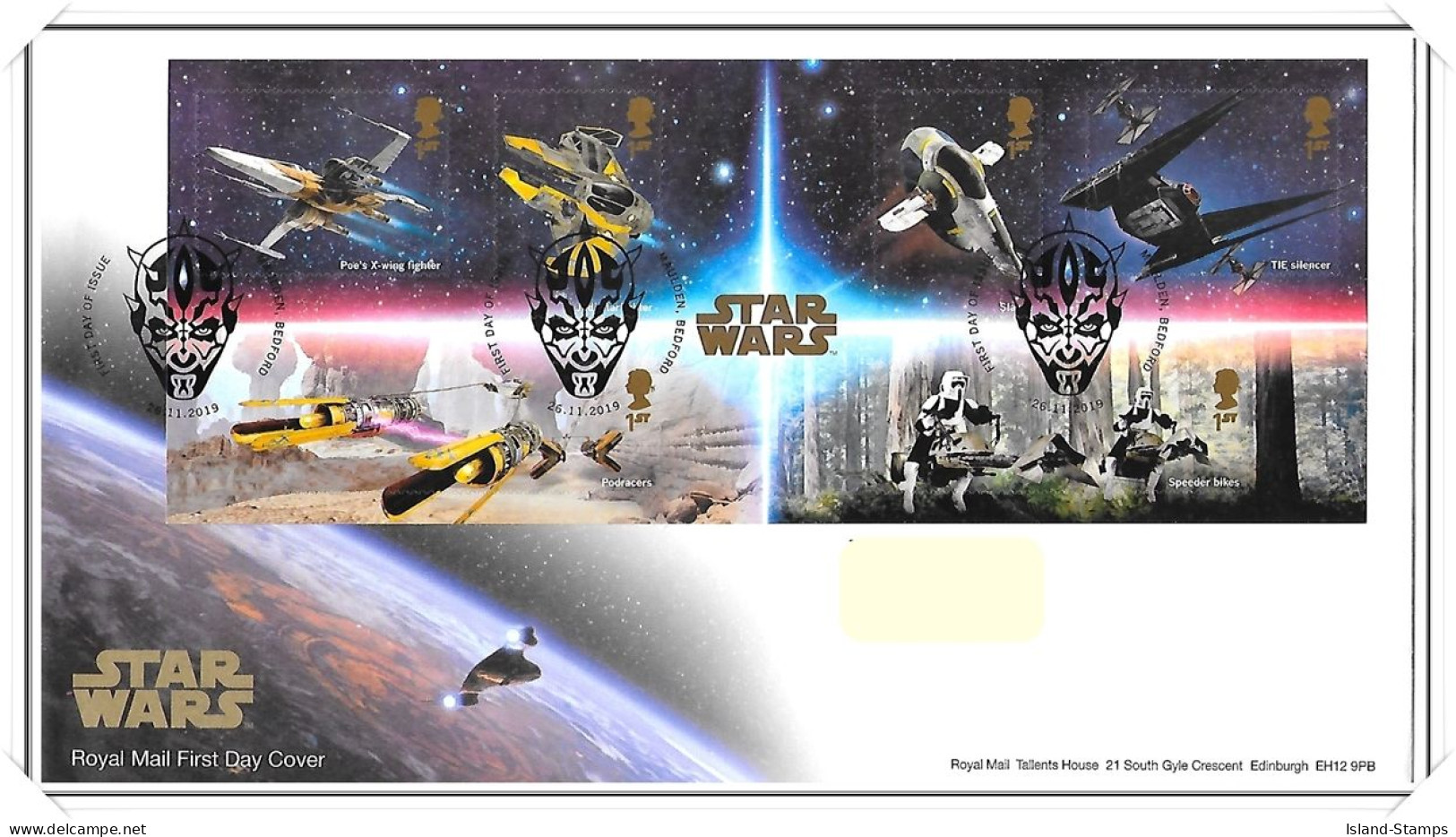 2019 GB FDC - Star Wars Mini Sheet- Typed Address - 2011-2020 Ediciones Decimales