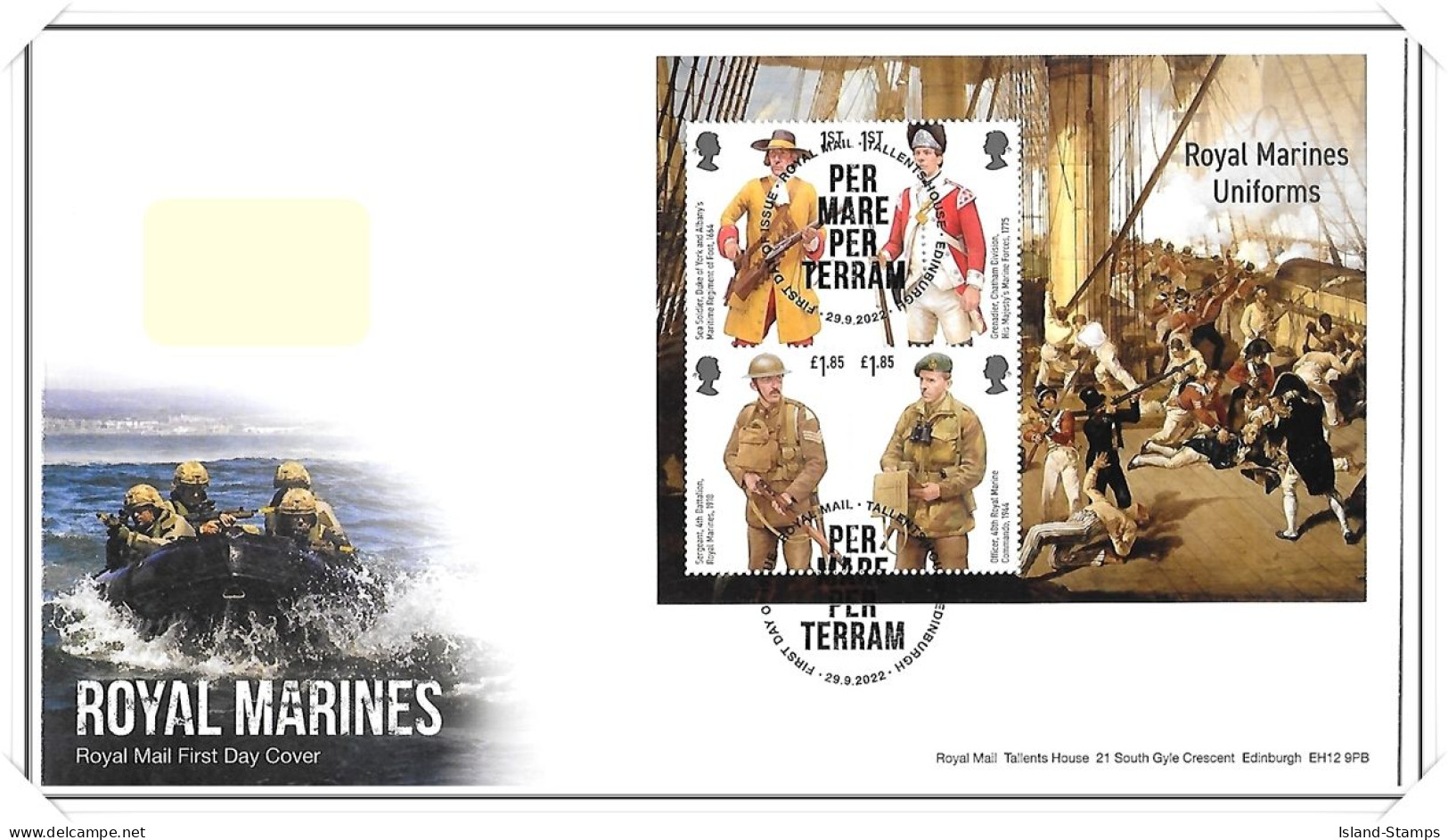 2022 GB FDC - Royal Marines Mini Sheet - Typed Address - 2021-... Em. Décimales