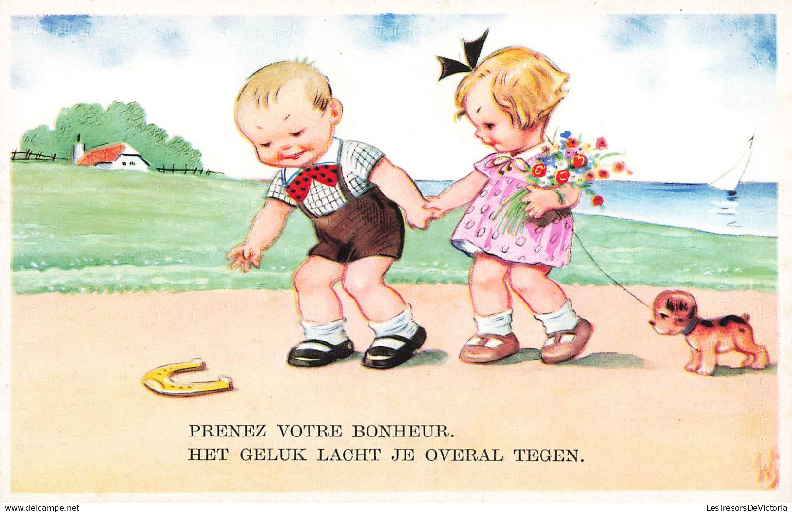 ENFANTS - Dessins D'enfants - Enfants Se Promenant - Prenez Votre Bonheur - Carte Postale Ancienne - Dessins D'enfants
