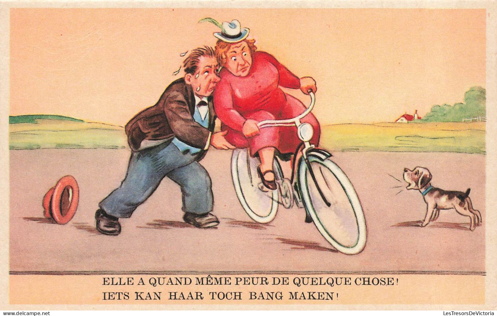 HUMOUR - Elle A Quand Même Peur De Quelque Chose - Dame à Vélo - Carte Postale Ancienne - Humour