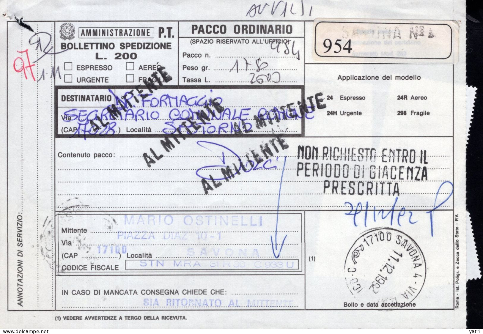 Italia (1992) - Bollettino Pacchi Reso Al Mittente Da Savona Per Torino - Postal Parcels