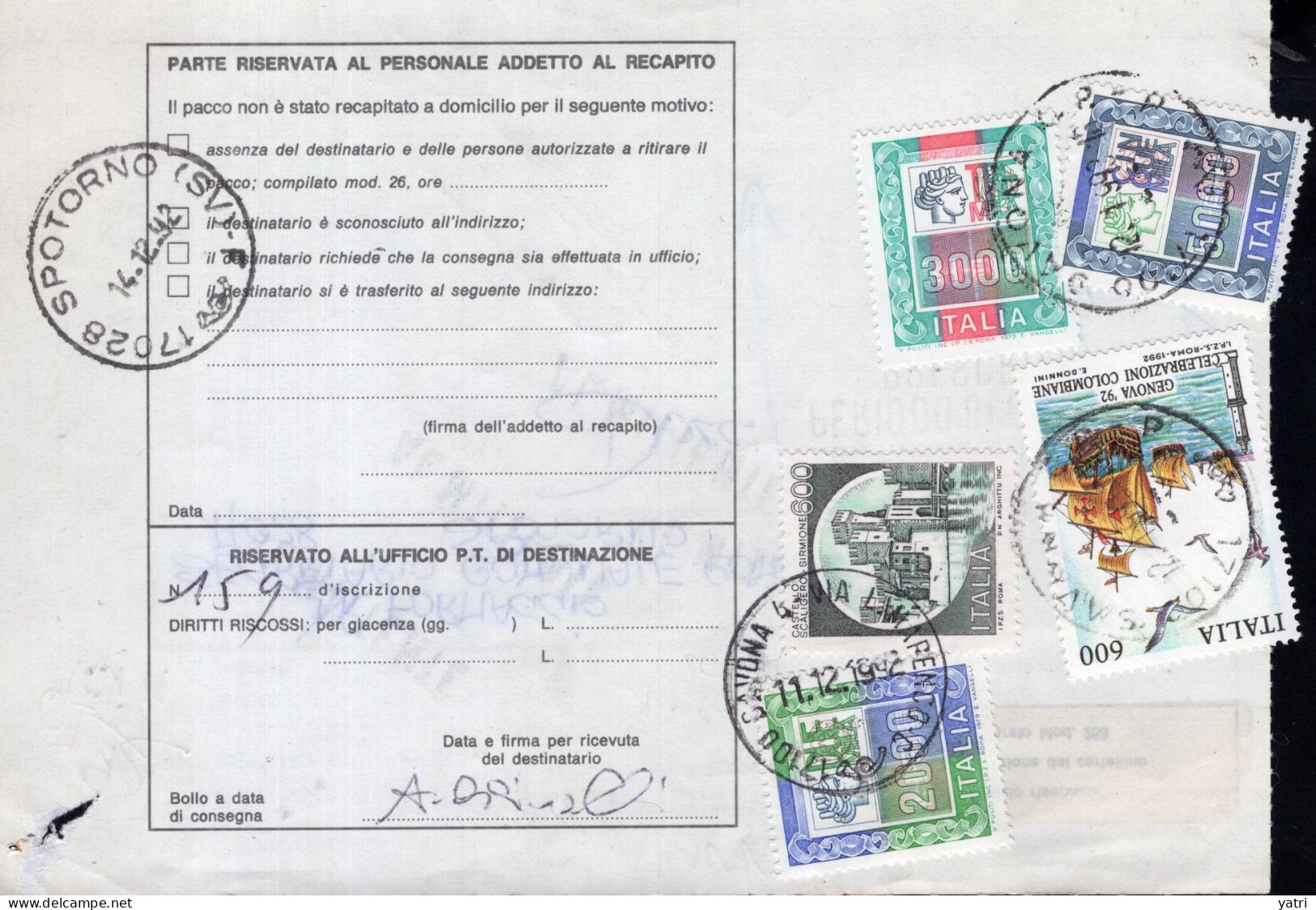 Italia (1992) - Bollettino Pacchi Reso Al Mittente Da Savona Per Torino - Postpaketten