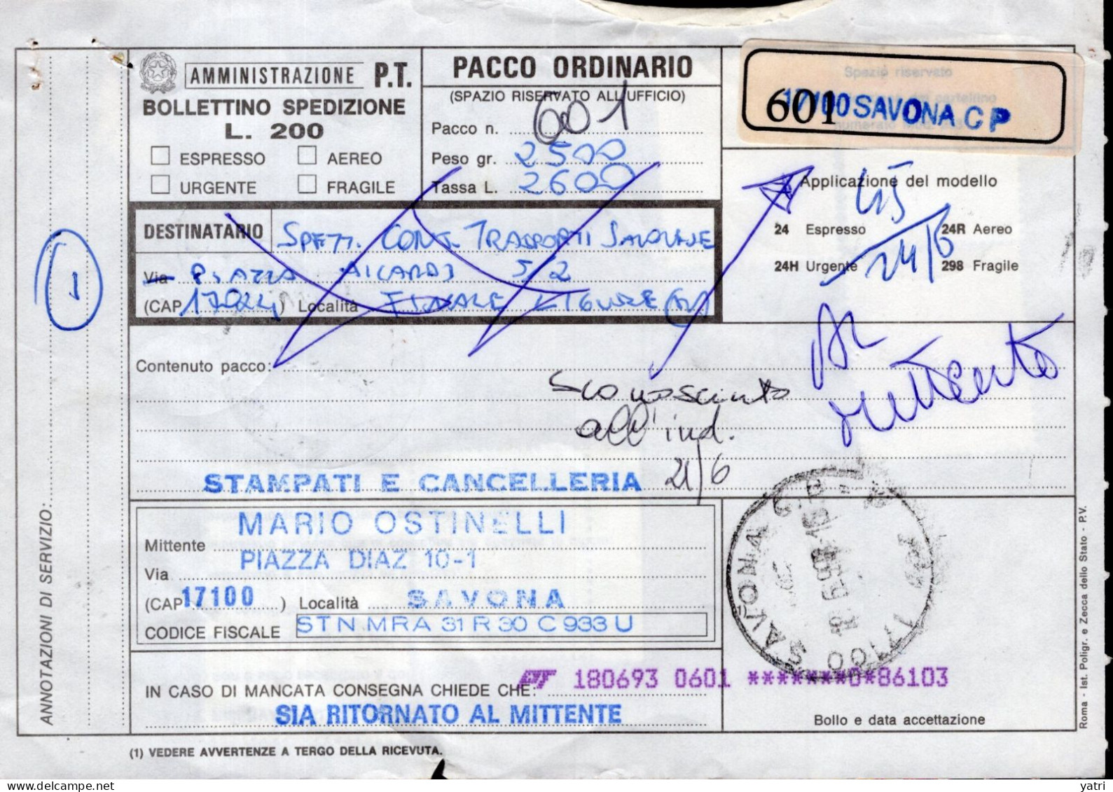 Italia (1993) - Bollettino Pacchi Reso Al Mittente Da Savona Per Finale Ligure - Postpaketten