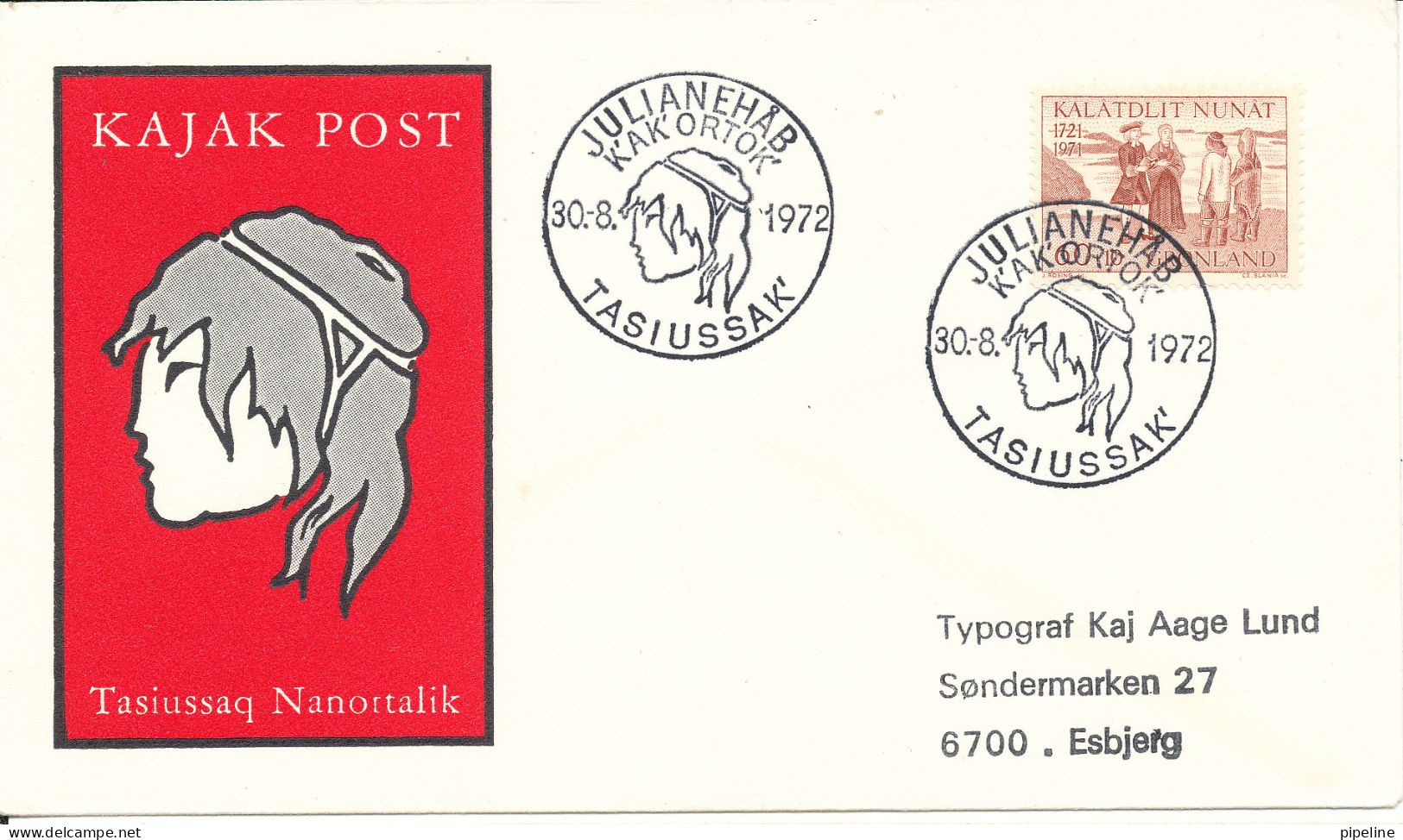 Greenland Cover Kayakpost Tasiussak 30-8-1972 With Cachet Sent To Denmark - Lettres & Documents