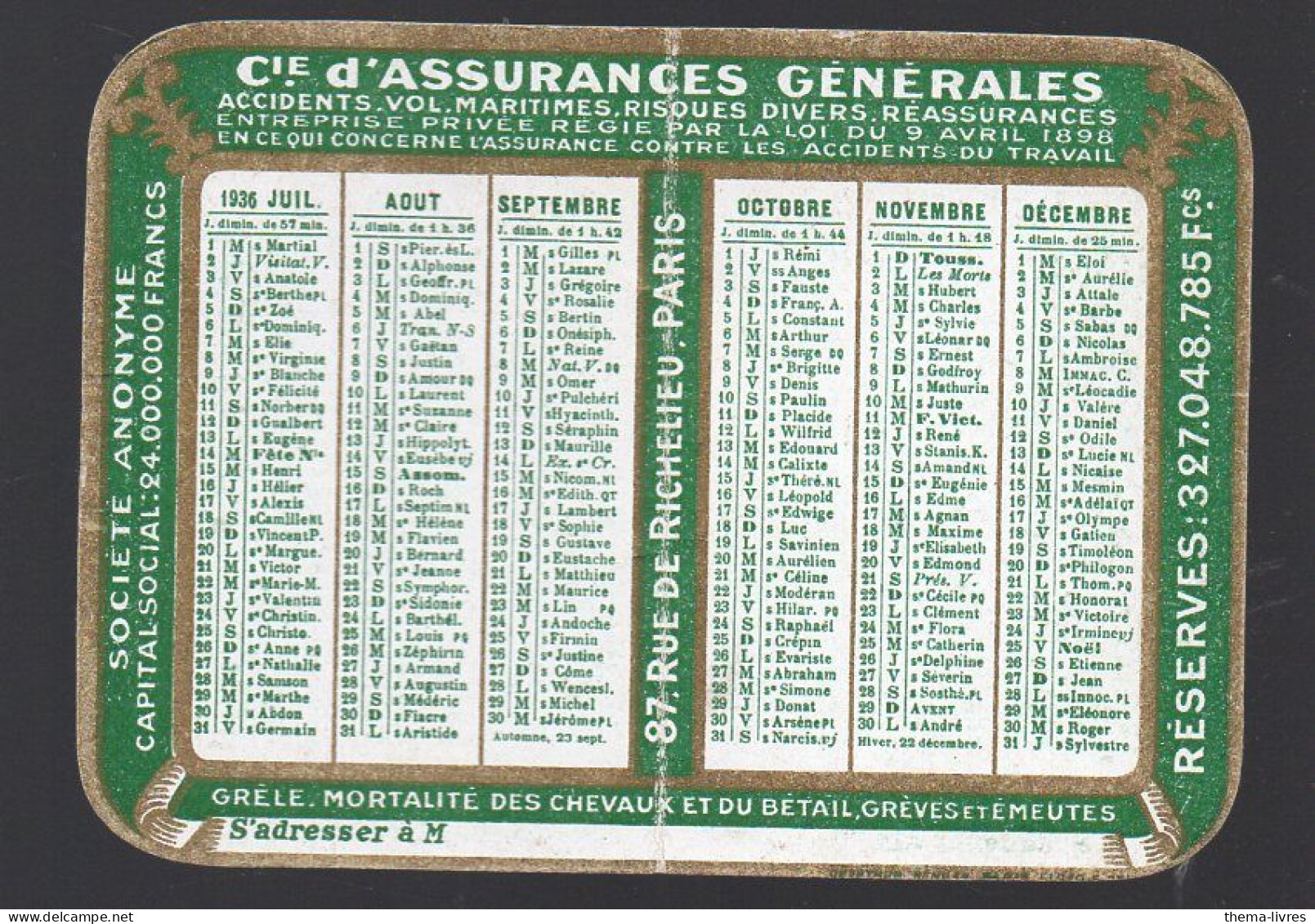 Petit Calendrier   1936  ASSURANCES GENERALE  INCENDIE     (PPP46292) - Petit Format : 1921-40