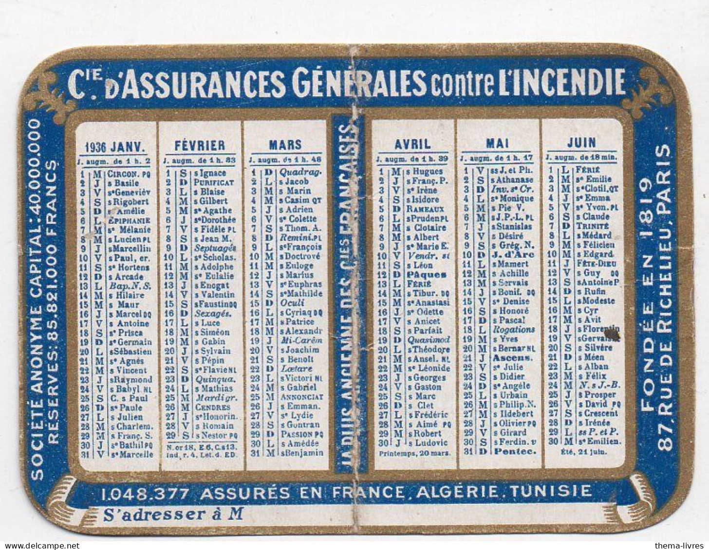 Petit Calendrier   1936  ASSURANCES GENERALE  INCENDIE     (PPP46292) - Small : 1921-40