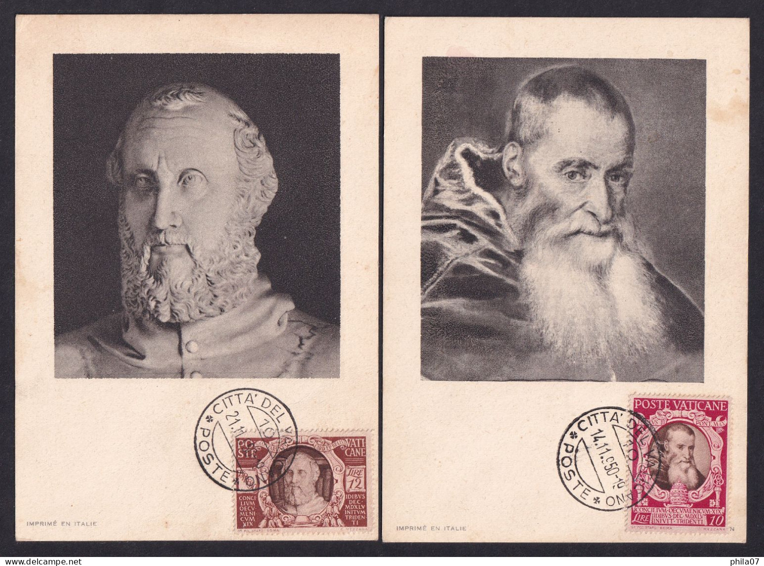 VATICAN 1950 - Serie commemorative du concile de Trente (X) lot of 14 cards / 15 scans