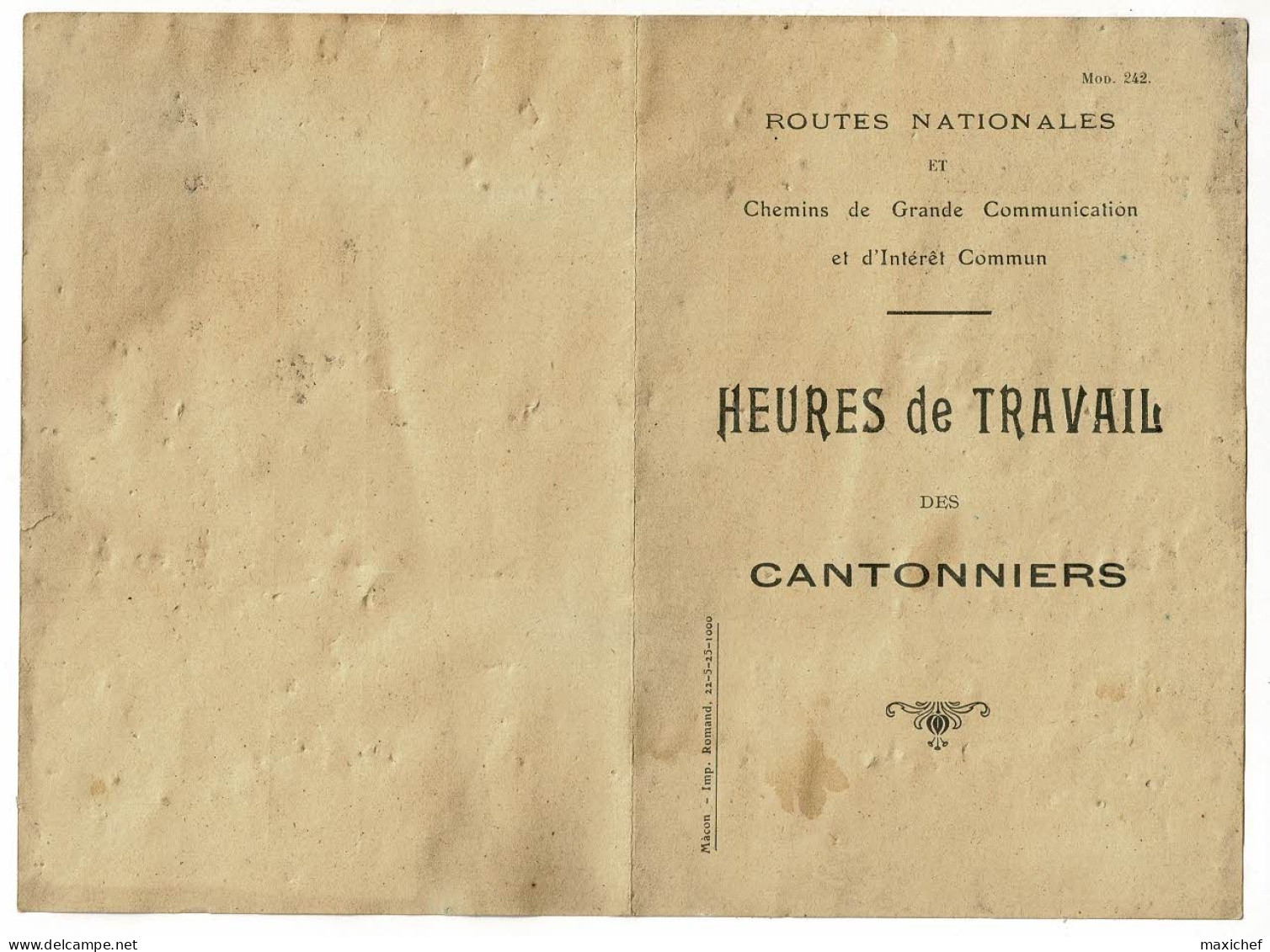 Routes Nationales & Chemins De Grande Communication & D'Intérêts Commun - Heures De Travail Des Cantonniers, 1925 - Europa