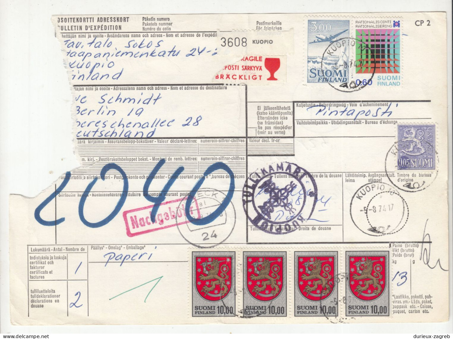 Finland Parcel Card 1974 Kuopio B240205 - Colis Postaux