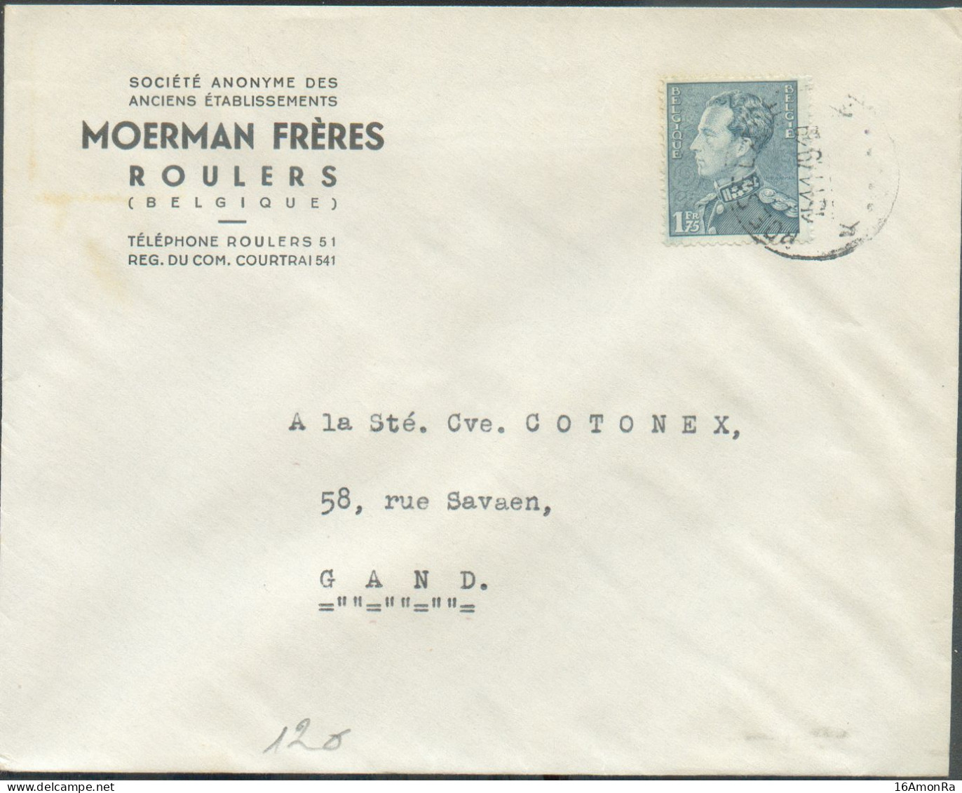 N°430 - 1Fr75 POORTMAN Obl. Sc ROESELARE (ROULERS) Sur Lettre à En-tête (MOERMAN Frères) 15-11-1949 Vers Gand - 21852 - 1936-1951 Poortman