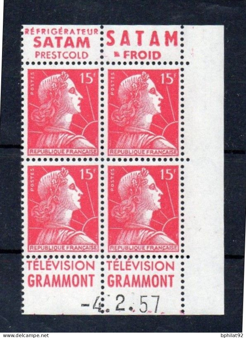 !!! 15 F MARIANNE DE MULLER BLOC DE 4 AVEC PUBS SATAM/GRAMMONT ET COIN DATE NEUF ** - Unused Stamps