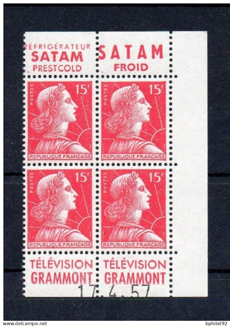 !!! 15 F MARIANNE DE MULLER BLOC DE 4 AVEC PUBS SATAM/GRAMMONT ET COIN DATE NEUF ** - Unused Stamps