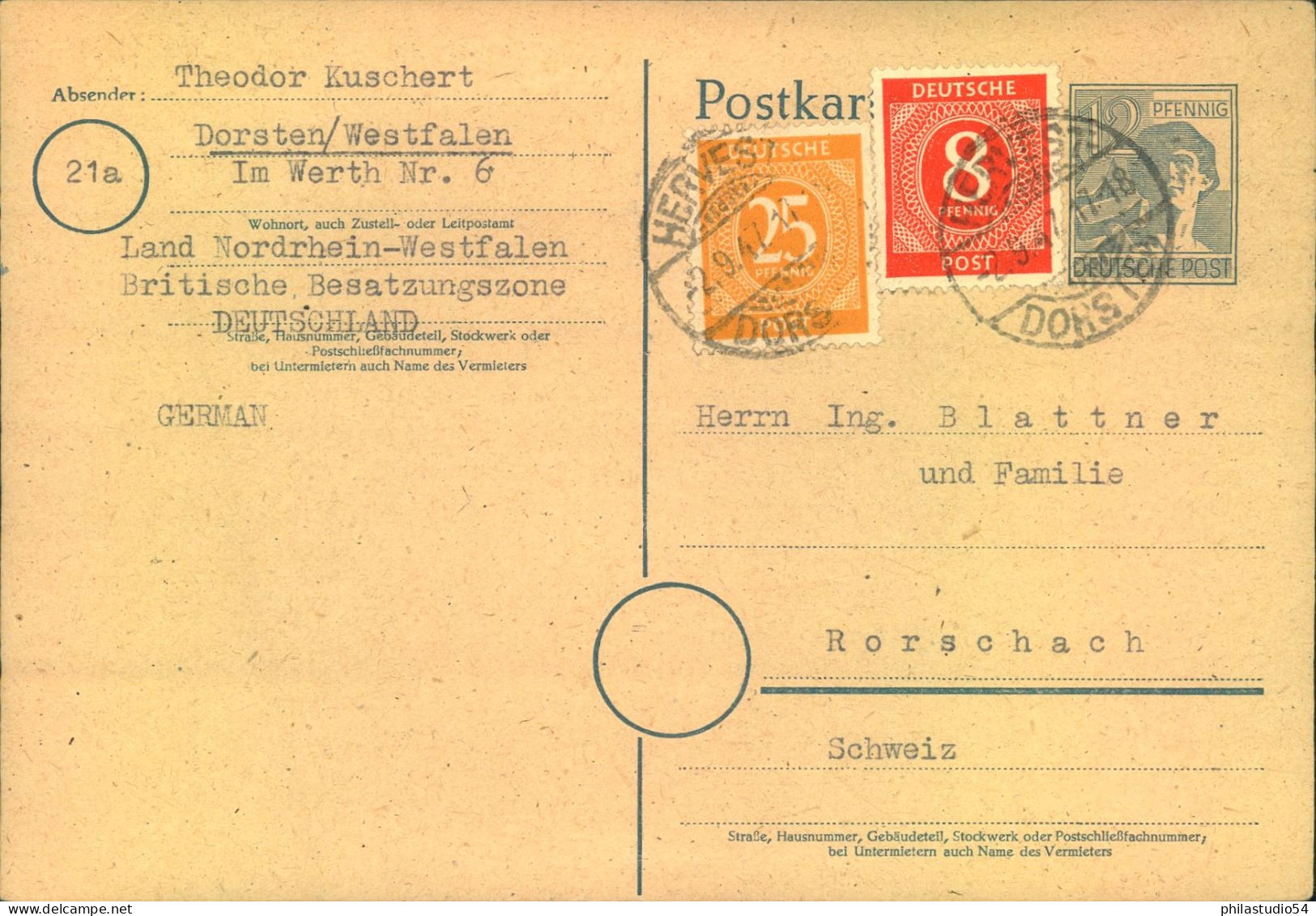 1947, 12 Pfg. GSK Mit 8 Und 25 Pfg. Ziffer Als Auslandskarte Ab DORSTEN - Storia Postale