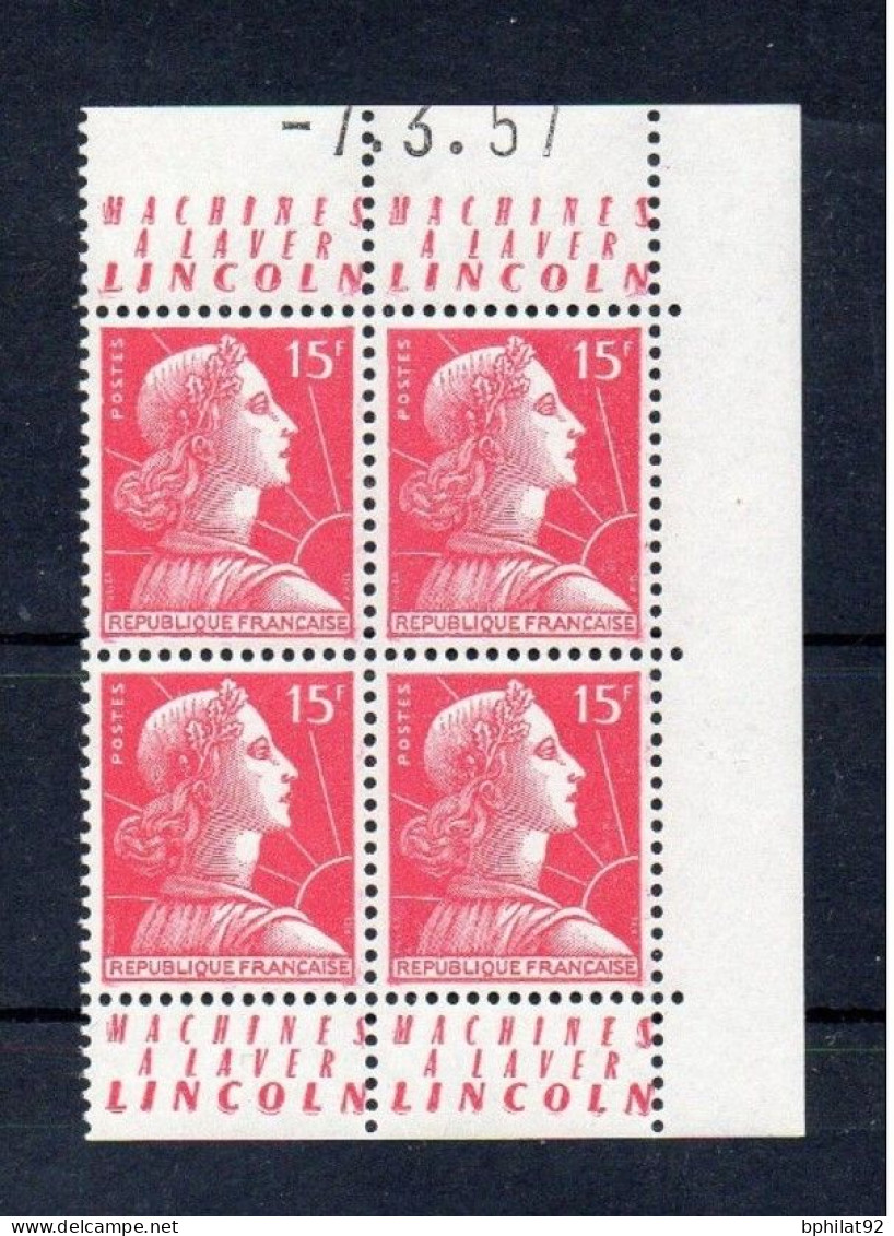 !!! 15 F MARIANNE DE MULLER BLOC DE 4 AVEC PUBS MACHINES A LAVER LINCOLN ET COIN DATE NEUF ** - Unused Stamps