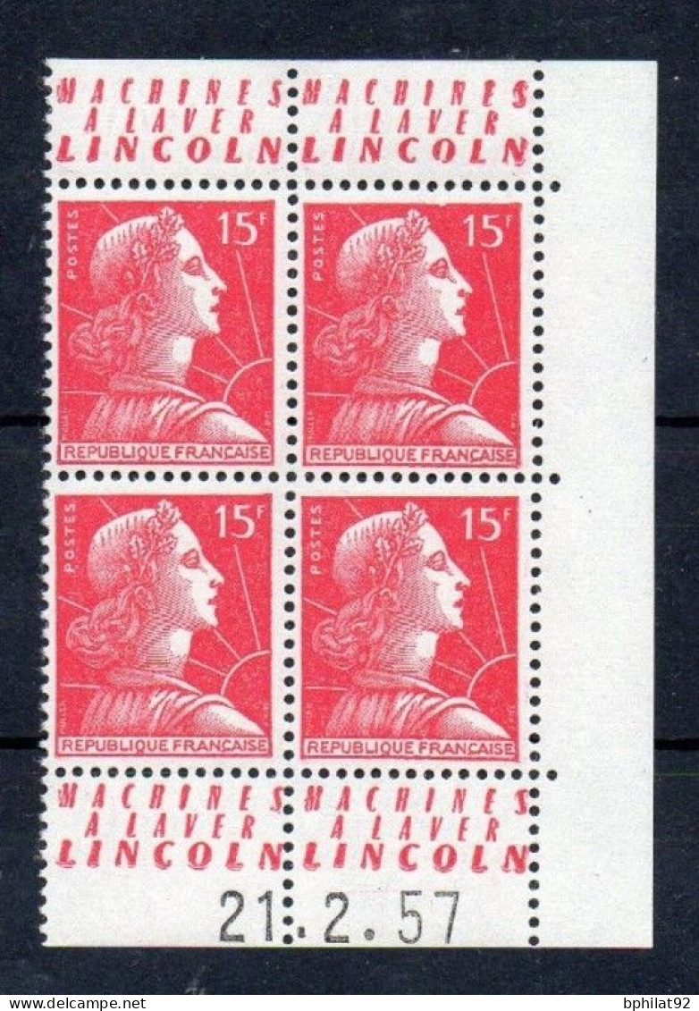 !!! 15 F MARIANNE DE MULLER BLOC DE 4 AVEC PUBS MACHINES A LAVER LINCOLN ET COIN DATE NEUF ** - Unused Stamps