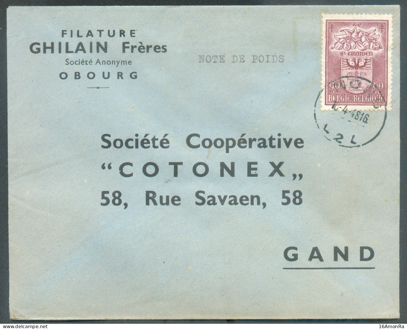 N°757 - 90c. (Armoirie St TRUIDEN - St-Trond) Obl. Sc MONS Sur Lettre à En-tête (filature GHILAIN) 1948 Vers Gand - 2185 - Cartas & Documentos