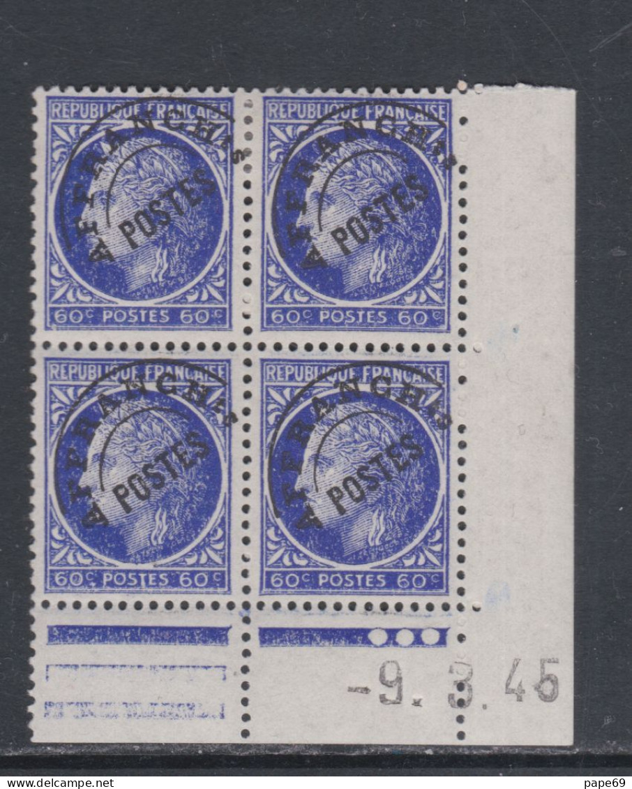 France Préoblitéré N° 87 X  Type Mazelin  60 C. En Bloc De 4 Coin Daté Du 9 . 3 . 46 ;  3 Pts Blancs,  Tr Ch. Sinon TB - Voorafgestempeld