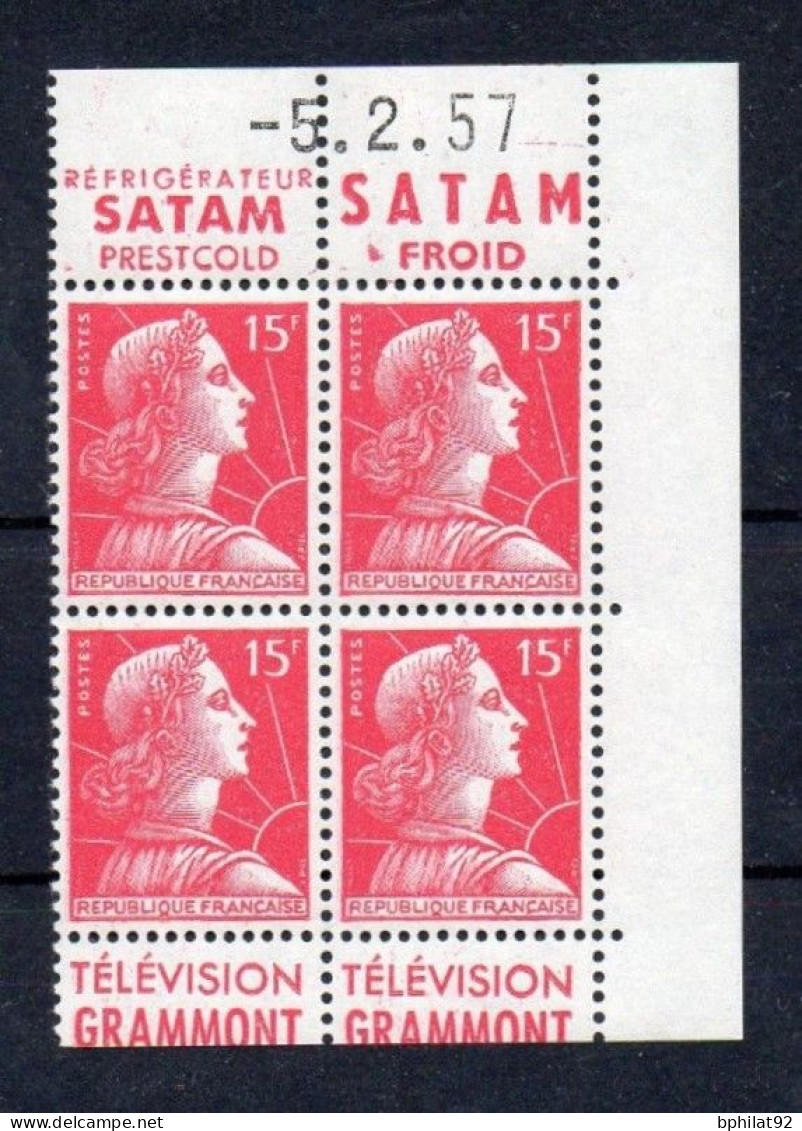 !!! 15 F MARIANNE DE MULLER BLOC DE 4 AVEC PUBS SATAM/GRAMMONT ET COIN DATE NEUF ** - Unused Stamps