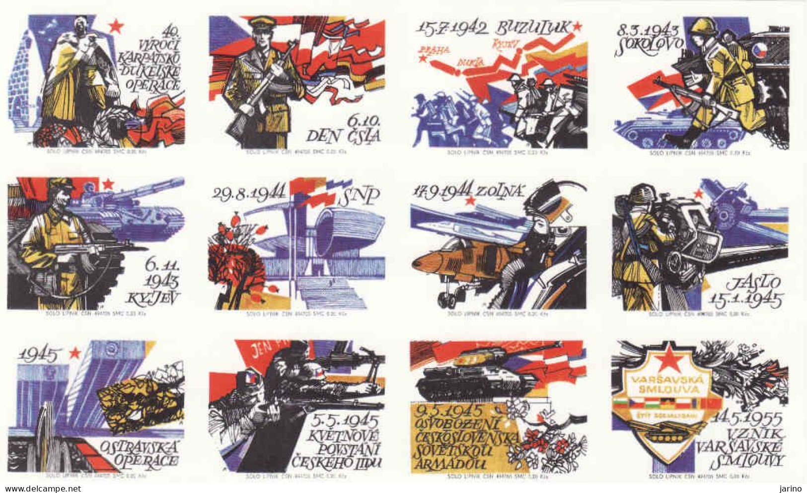 Czechoslovakia - Czechia 12 Matchbox Labels, II. World War, Uprising, Tank, Machine Gun, Buzuluk, Sokolovo, Dukla - Boites D'allumettes - Etiquettes