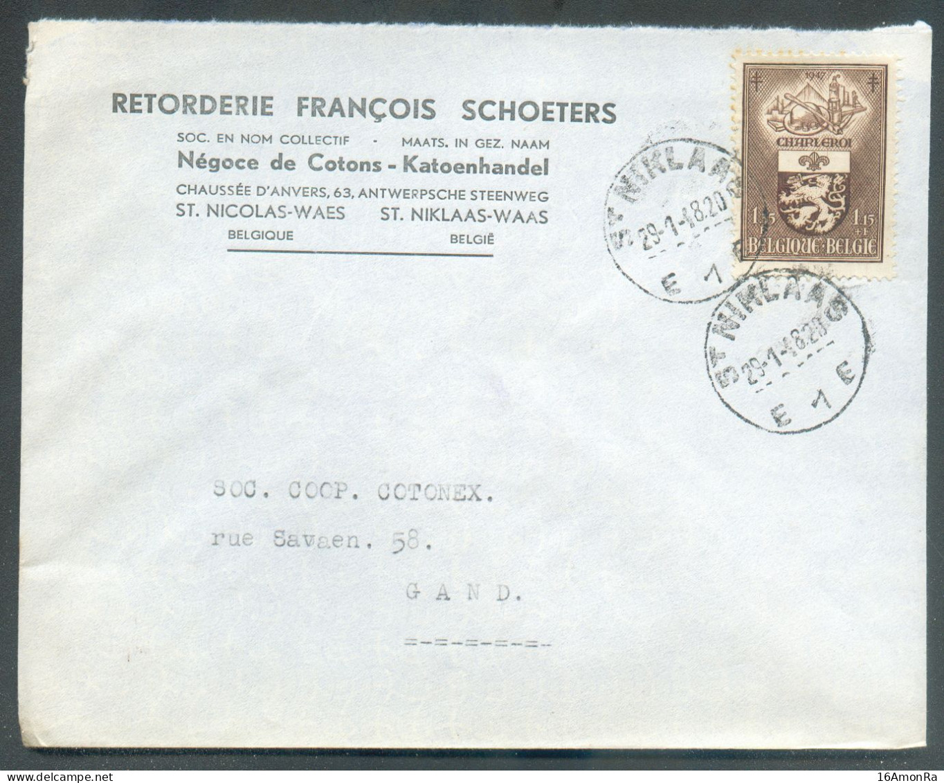 N°759 - 1Fr.35 (Armoirie CHARLEROI) Obl. Sc St-NIKLAAS (Saint Nicolas) Sur Lettre à En-tête (Retorderie F. SCHOETERS Cot - Cartas & Documentos