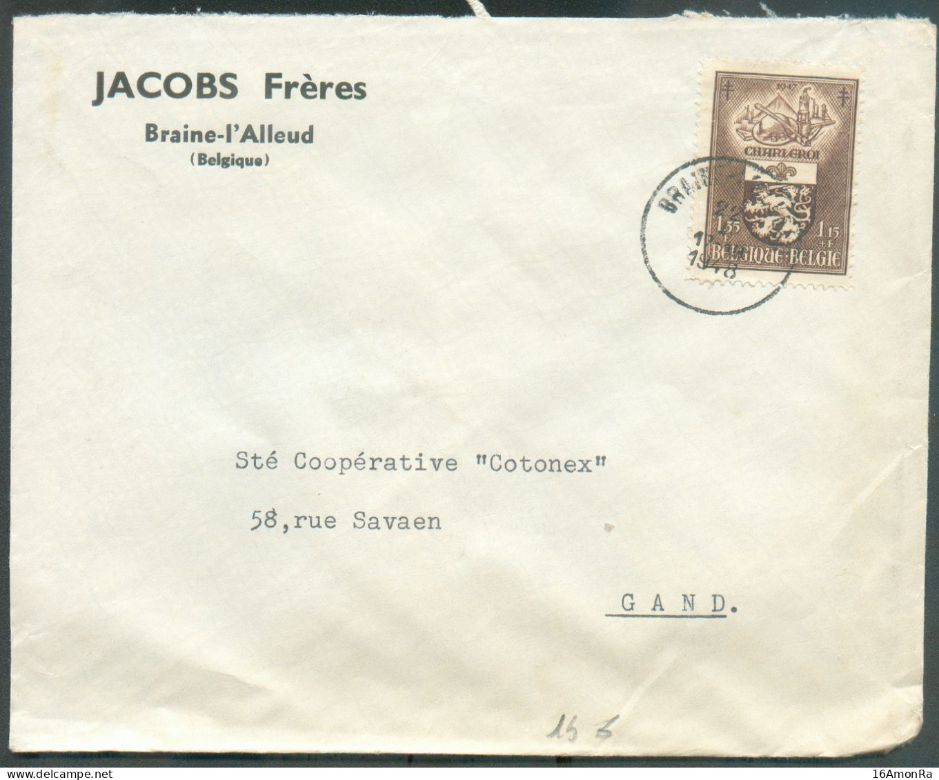 N°759 - 1Fr.35 (Armoirie CHARLEROI) Obl. Sc BRAINE-l'ALLEUD Sur Lettre à En-tête (Jacobs Frères) 1948 Vers Gand - 21860 - Cartas & Documentos