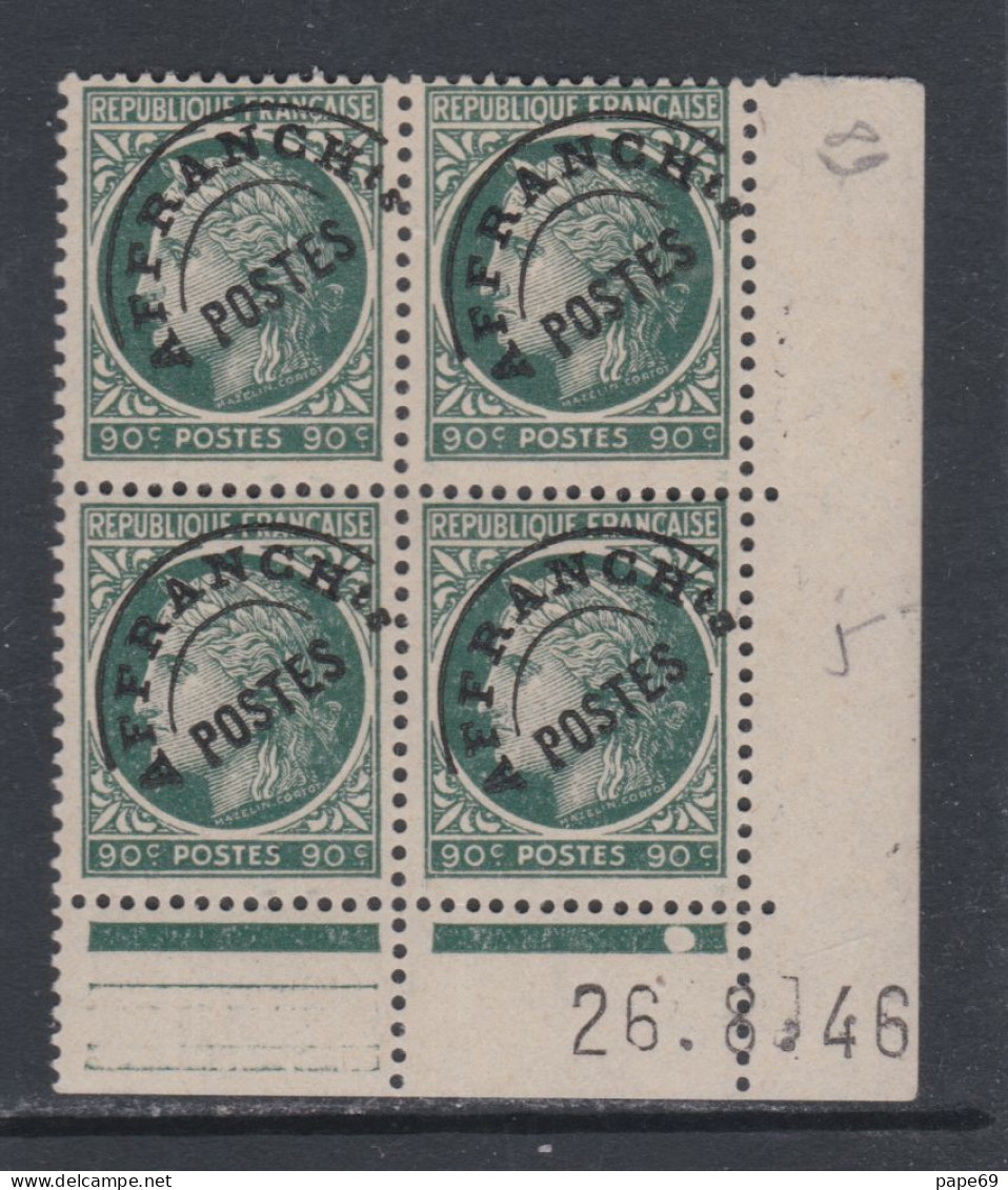 France Préoblitéré N° 89 XX  Type Mazelin  90 C. En Bloc De 4 Coin Daté Du 26 . 8 . 46 ;  1 Pt Blanc,  Ss Charn., TB - Prematasellados