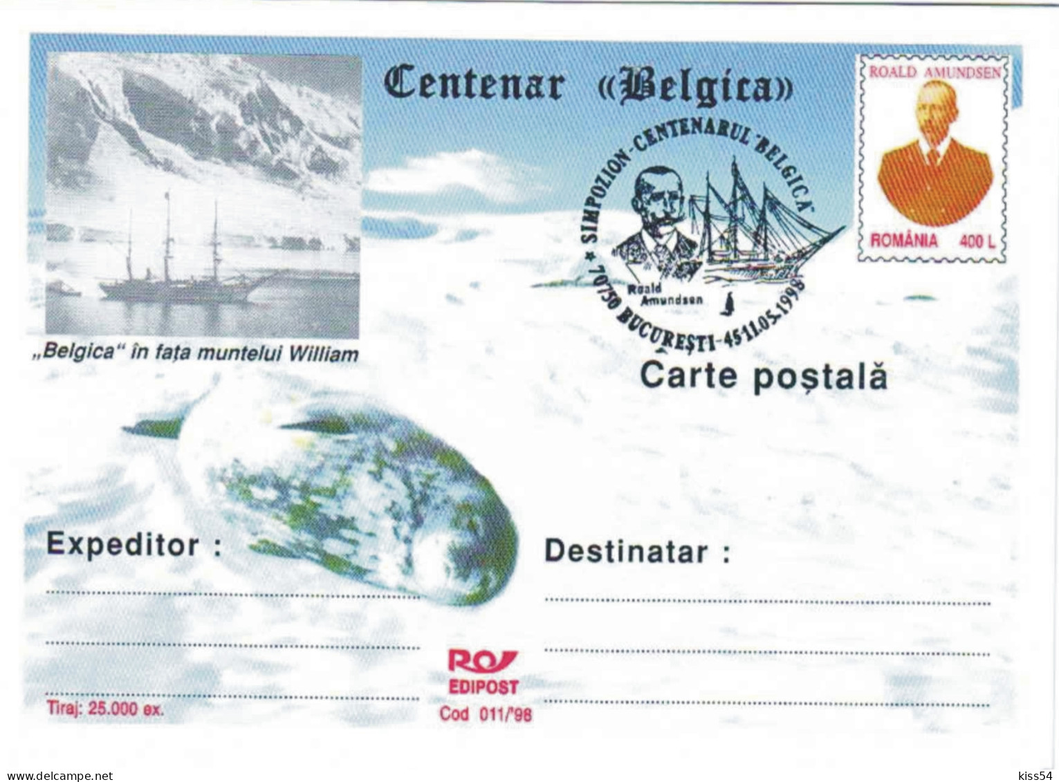 IP 98 - 011 ROALD AMUNDSEN, Romania, Norway, Seal, Ship Belgica - Stationery - Used - 1998 - Polar Exploradores Y Celebridades