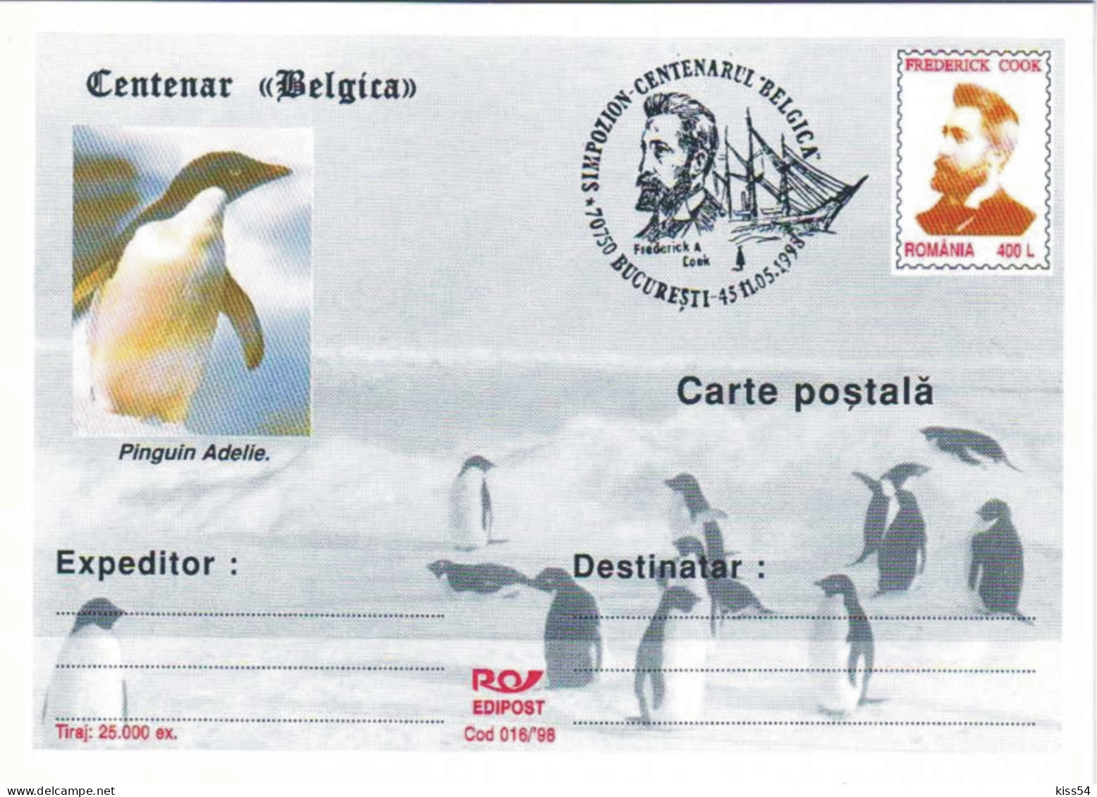 IP 98 - 016 FREDERICK COOK, Pinguins - Stationery, Special Cancellation - Used - 1998 - Polar Explorers & Famous People