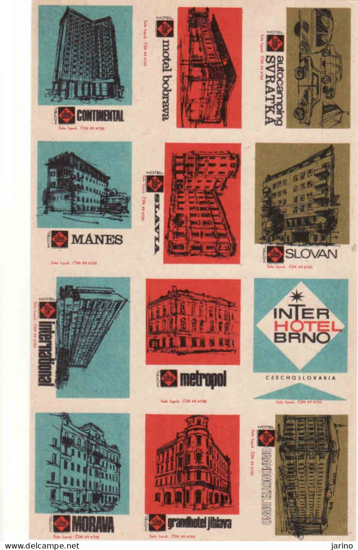 Czechoslovakia - Czechia 12 Matchbox Labels, Interhotels BRNO - Slovan Metropol Slavia Continental Mánes Morava - Boites D'allumettes - Etiquettes