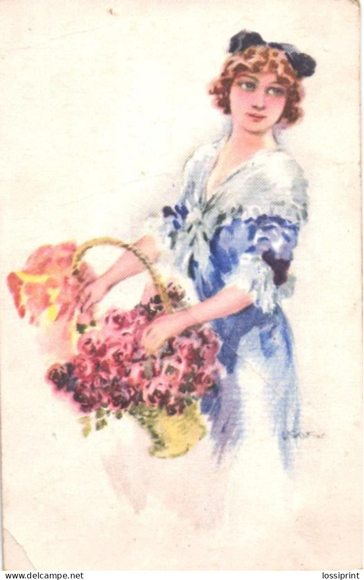 Usabal:Glamour Lady With Flower Basket, Pre 1940 - Usabal