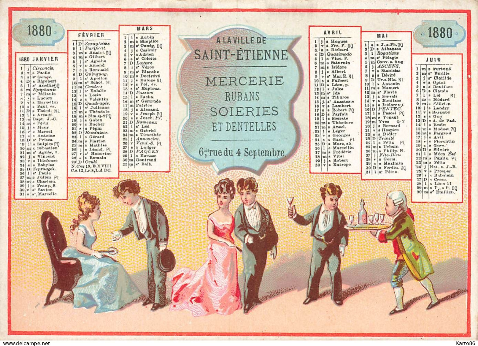 Petit Calendrier 1880 Publicitaire * A La Ville De St Etienne Mercerie Magasin 6 Rue Du 4 Sept. Paris * Calendar - Klein Formaat: ...-1900