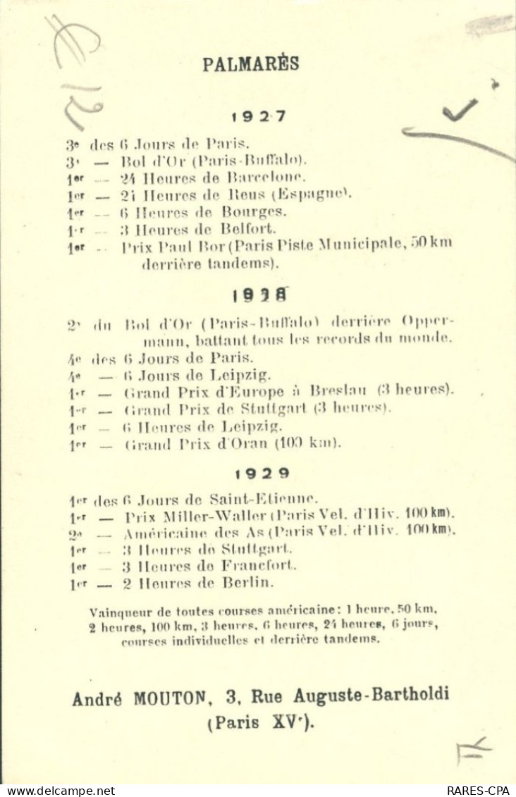 André Mouton ( Sprinte ) PALMARES Au Recto - Cyclisme