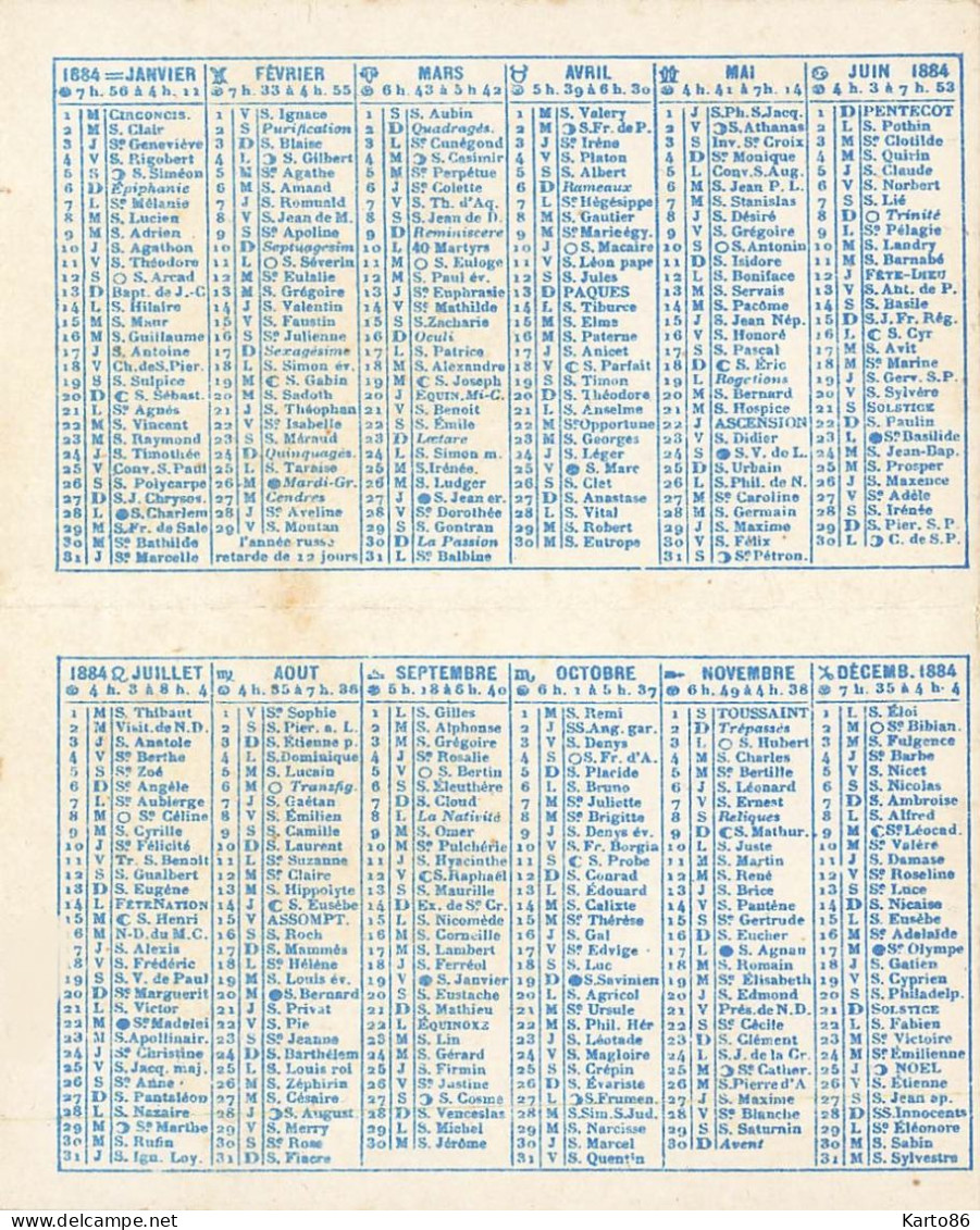 Petit Calendrier 1884 Publicitaire * M. ROUSSEAU 20 Rue De Buci Paris 6ème * Calendar - Tamaño Pequeño : ...-1900