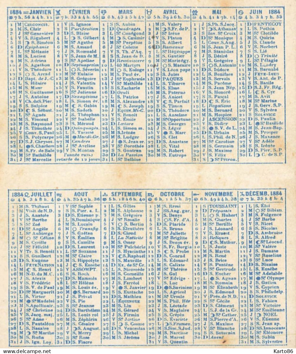 Petit Calendrier 1884 Publicitaire * M. ROUSSEAU 20 Rue De Buci Paris 6ème * Calendar - Kleinformat : ...-1900