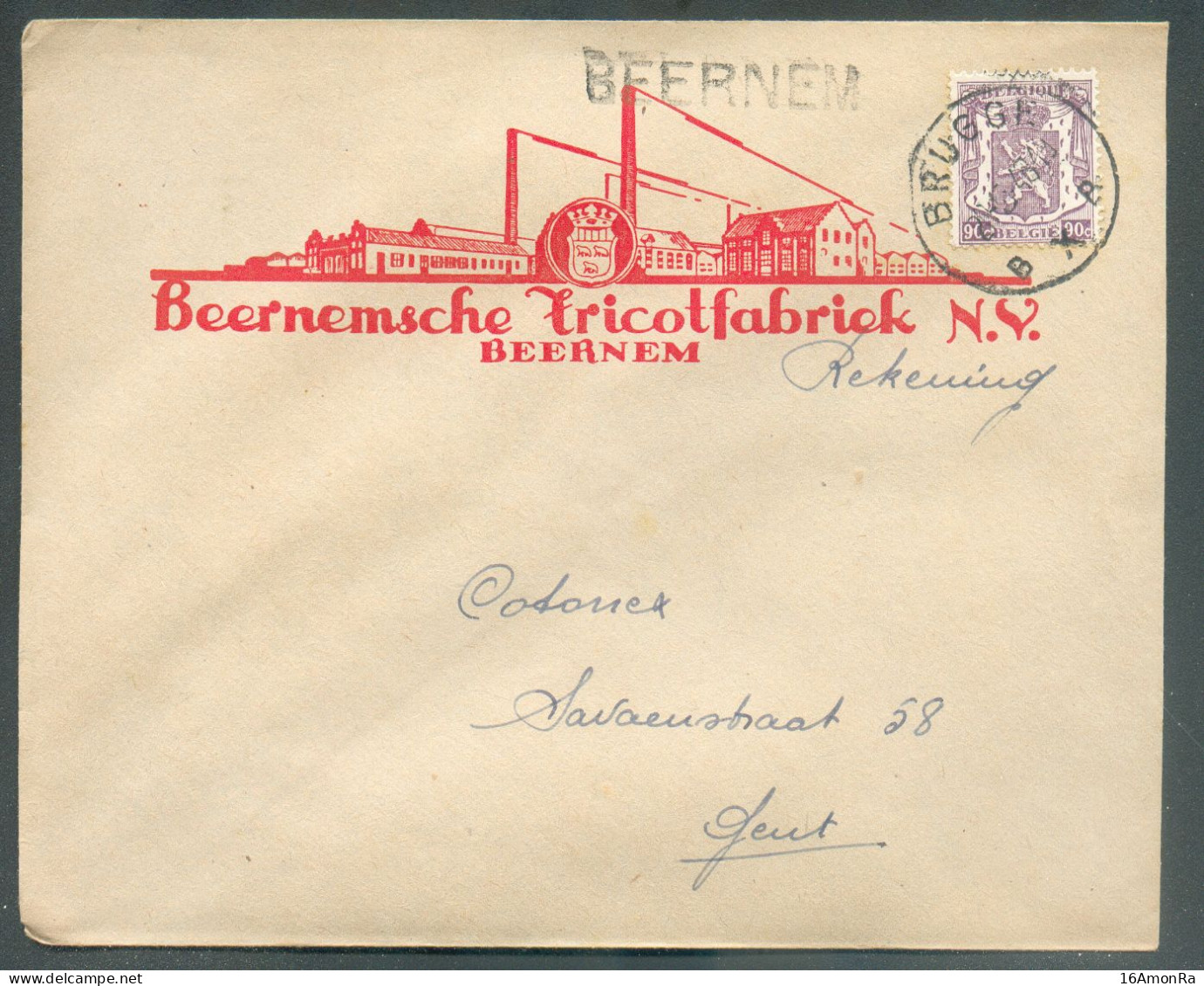 90c. Petit Sceau De L'Etat  Obl. Sc BRUGGE + Griffe De BEERNEM  Sur Lettre à En-tête (Beernemsche Tricotfabriek) 21-6-19 - 1935-1949 Small Seal Of The State