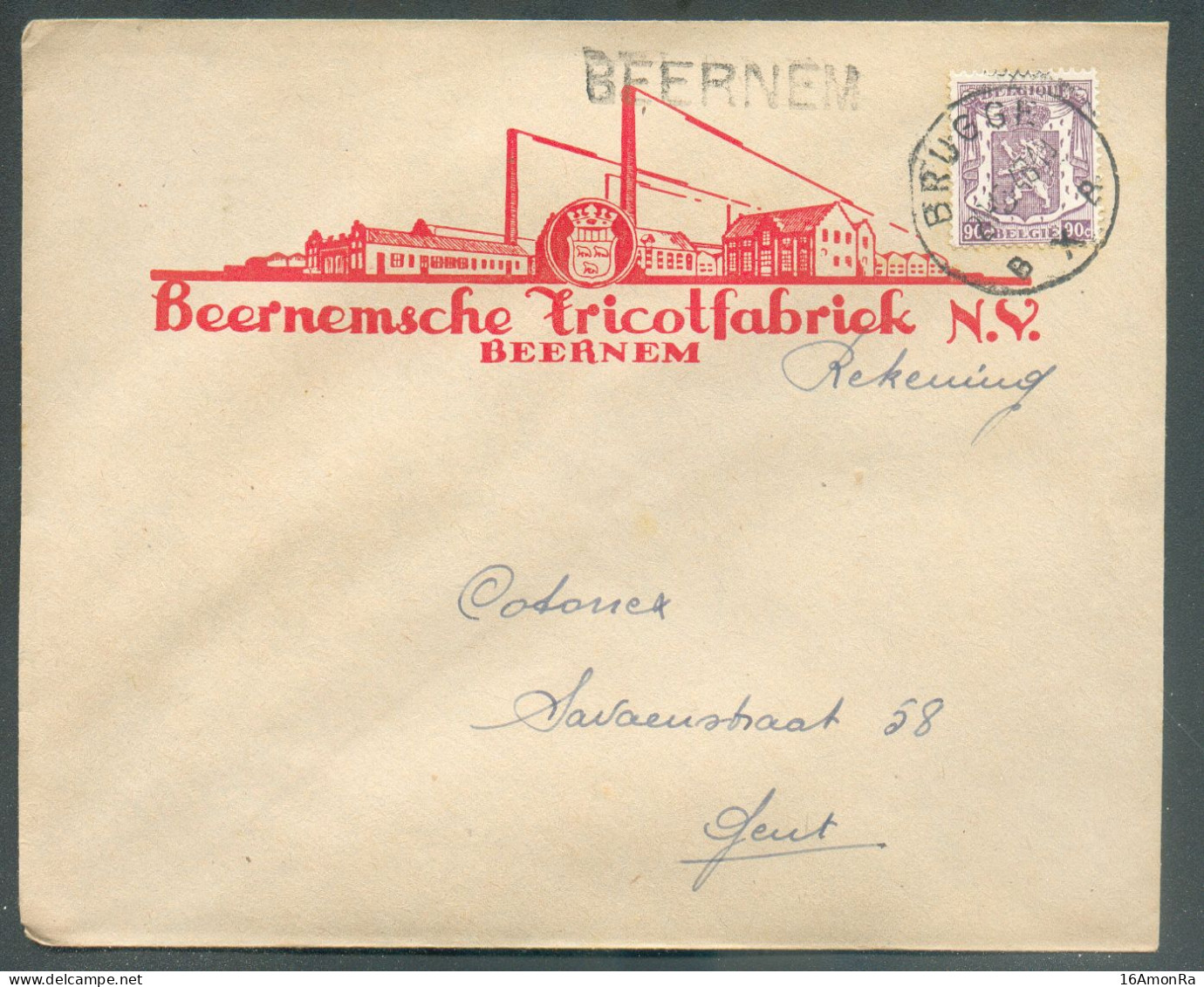 90c. Petit Sceau De L'Etat  Obl. Sc BRUGGE + Griffe De BEERNEM  Sur Lettre à En-tête (Beernemsche Tricotfabriek) 21-6-19 - 1935-1949 Kleines Staatssiegel