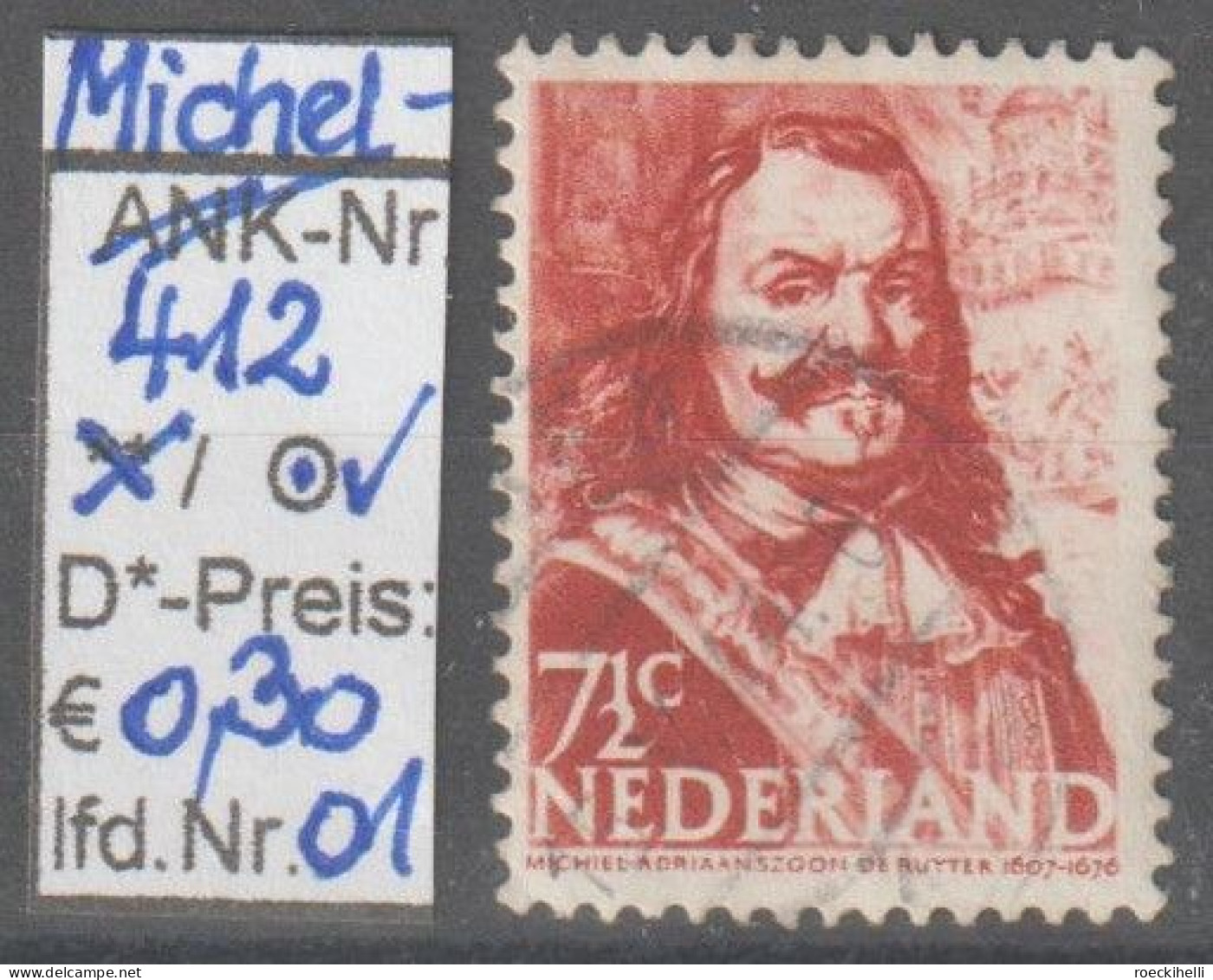 1943 - NIEDERLANDE - FM/DM "Seehelden - ..de Ruyter" 7 1/2 C Dkl'braunrot - O Gestempelt - S. Scan (412o 01-04 Nl) - Gebruikt